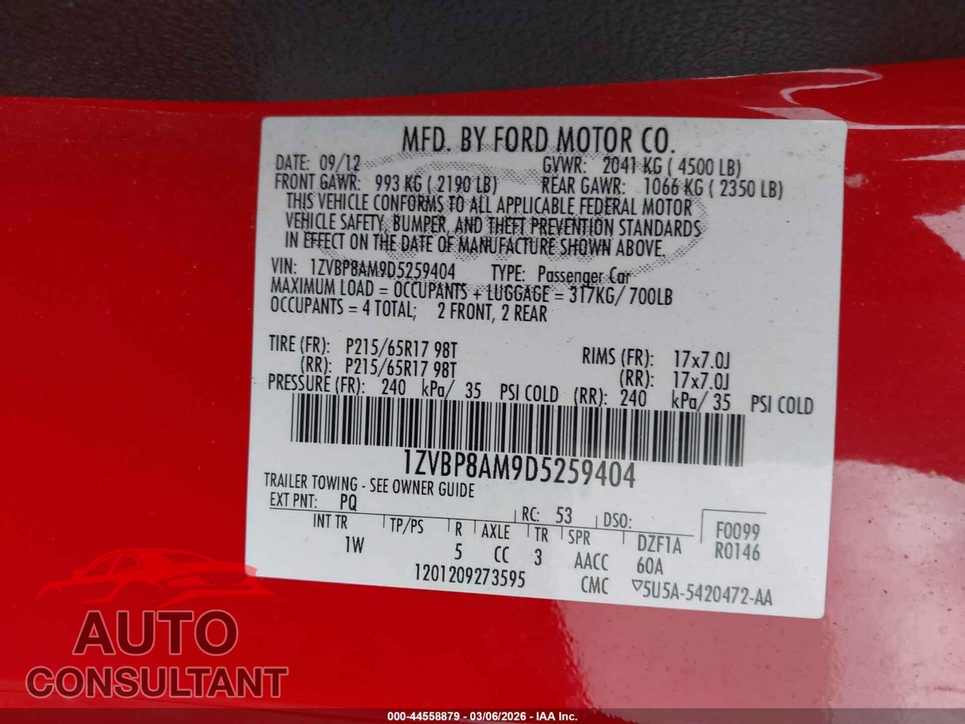 FORD MUSTANG 2013 - 1ZVBP8AM9D5259404