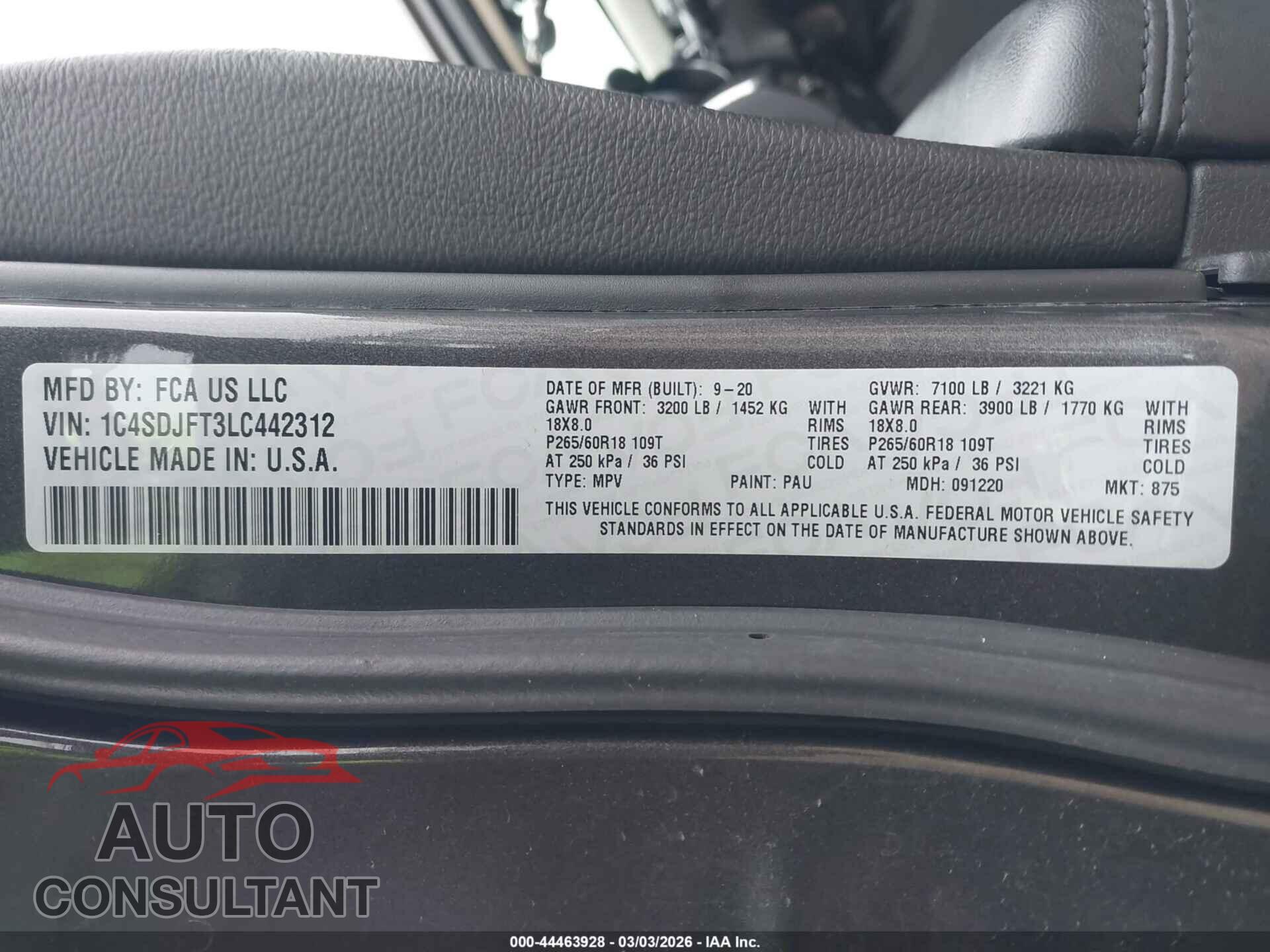 DODGE DURANGO 2020 - 1C4SDJFT3LC442312