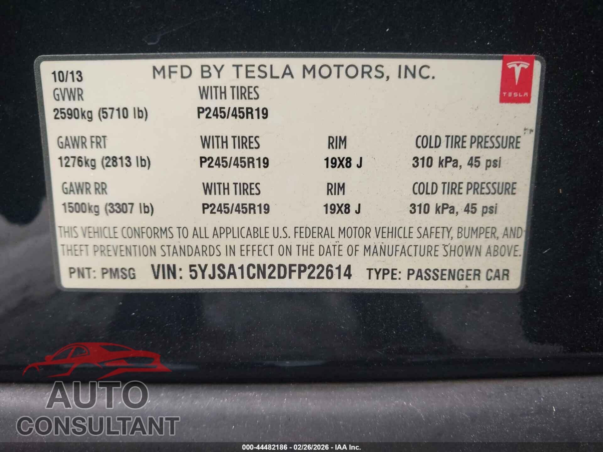 TESLA MODEL S 2013 - 5YJSA1CN2DFP22614