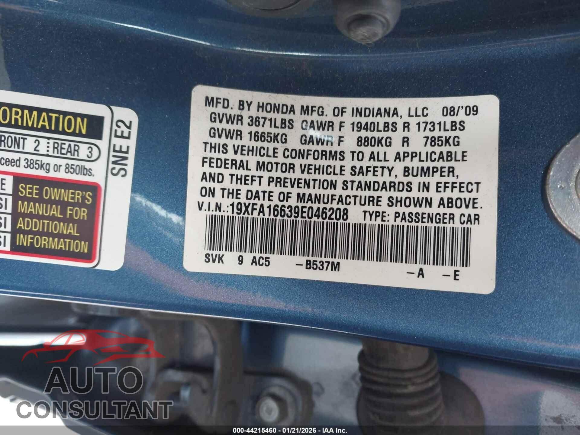 HONDA CIVIC 2009 - 19XFA16639E046208