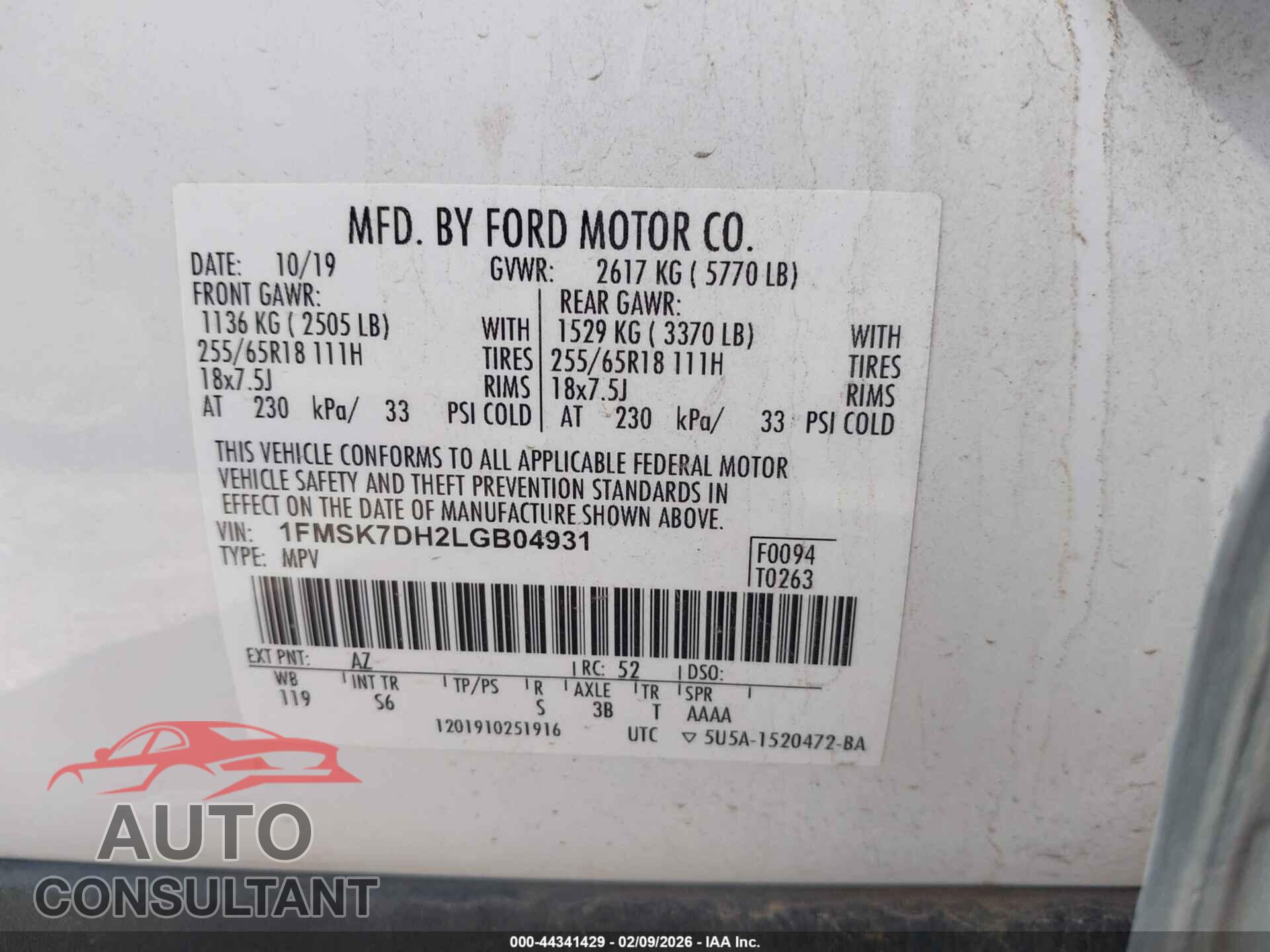 FORD EXPLORER 2020 - 1FMSK7DH2LGB04931