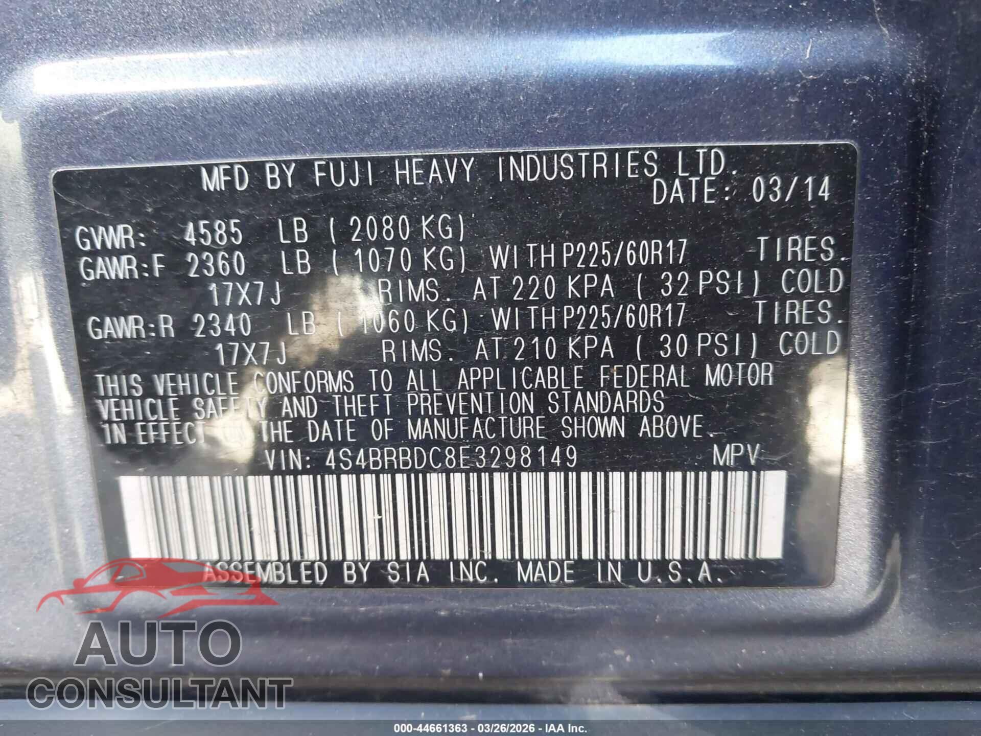SUBARU OUTBACK 2014 - 4S4BRBDC8E3298149