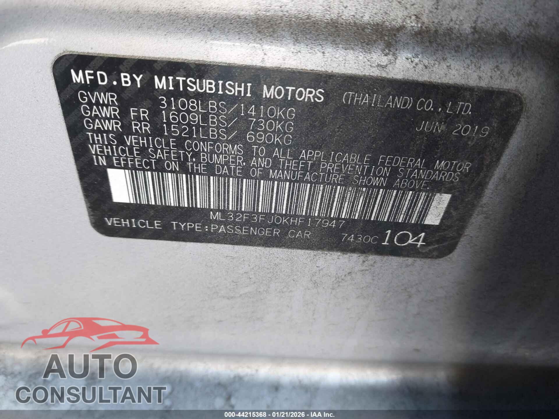 MITSUBISHI MIRAGE G4 2019 - ML32F3FJ0KHF17947