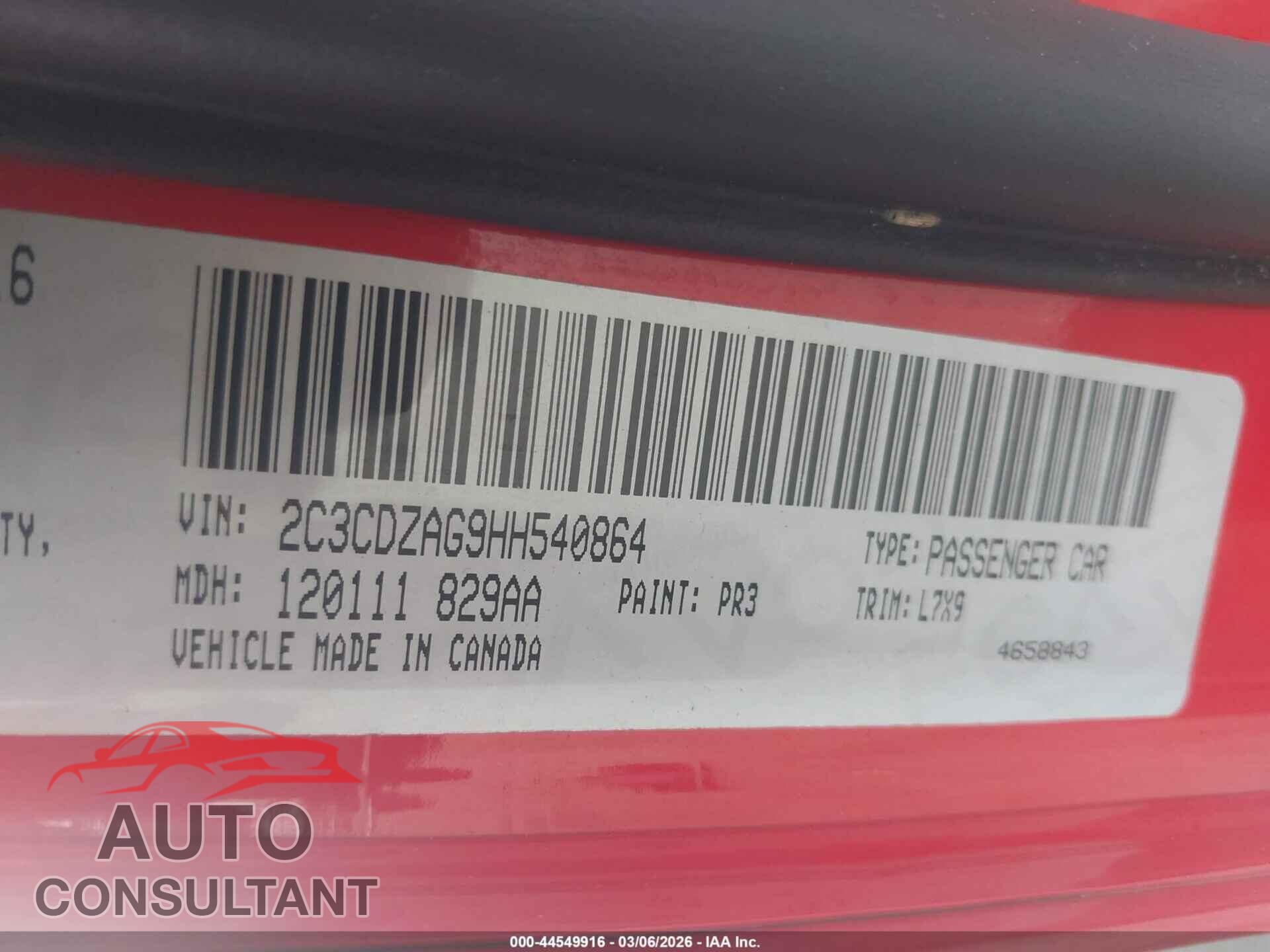 DODGE CHALLENGER 2017 - 2C3CDZAG9HH540864
