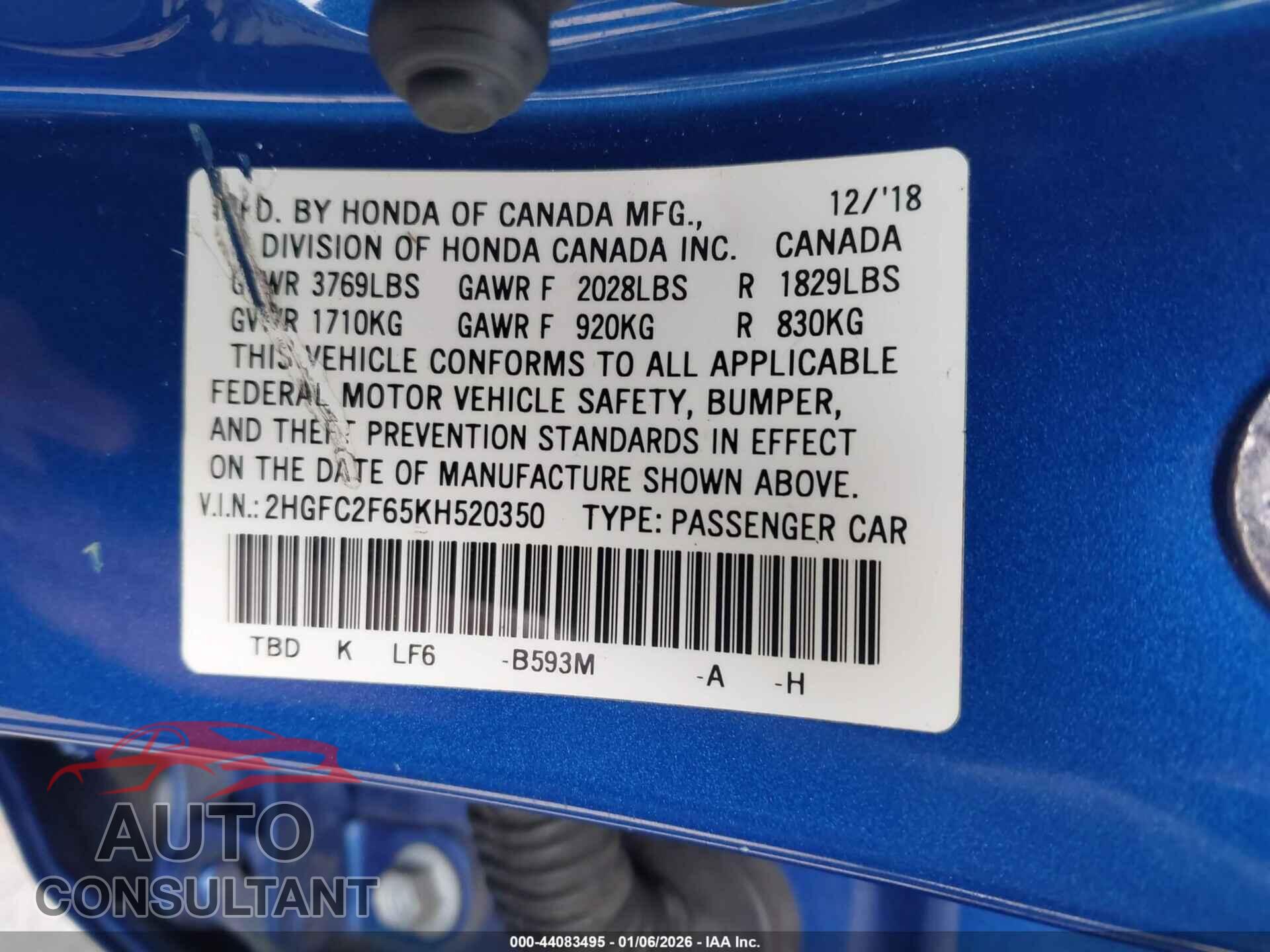 HONDA CIVIC 2019 - 2HGFC2F65KH520350