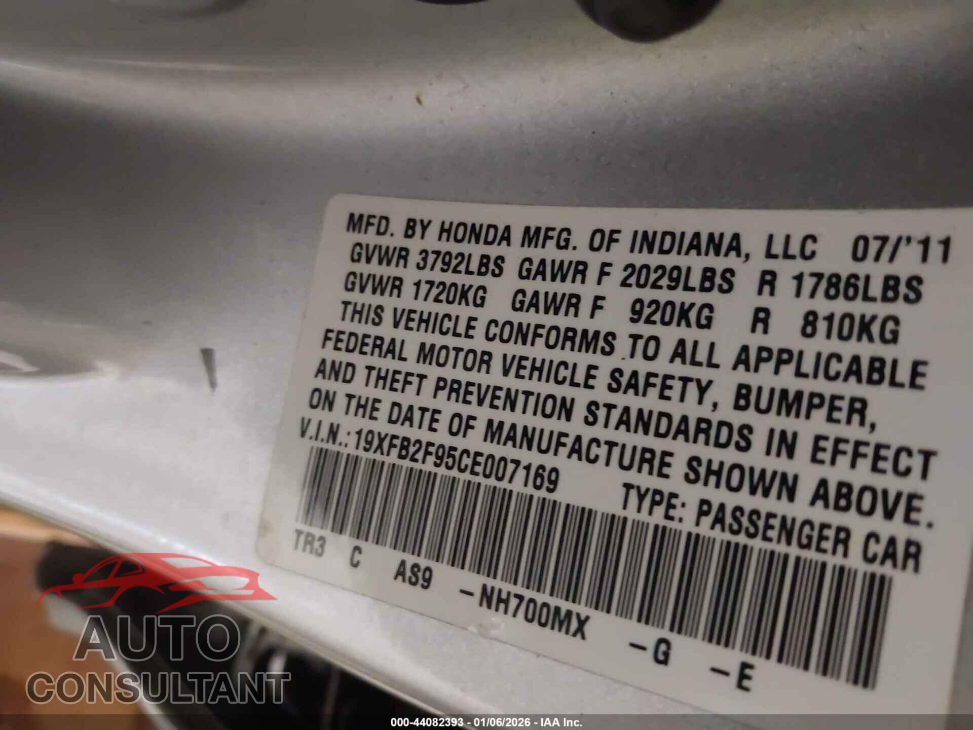 HONDA CIVIC 2012 - 19XFB2F95CE007169