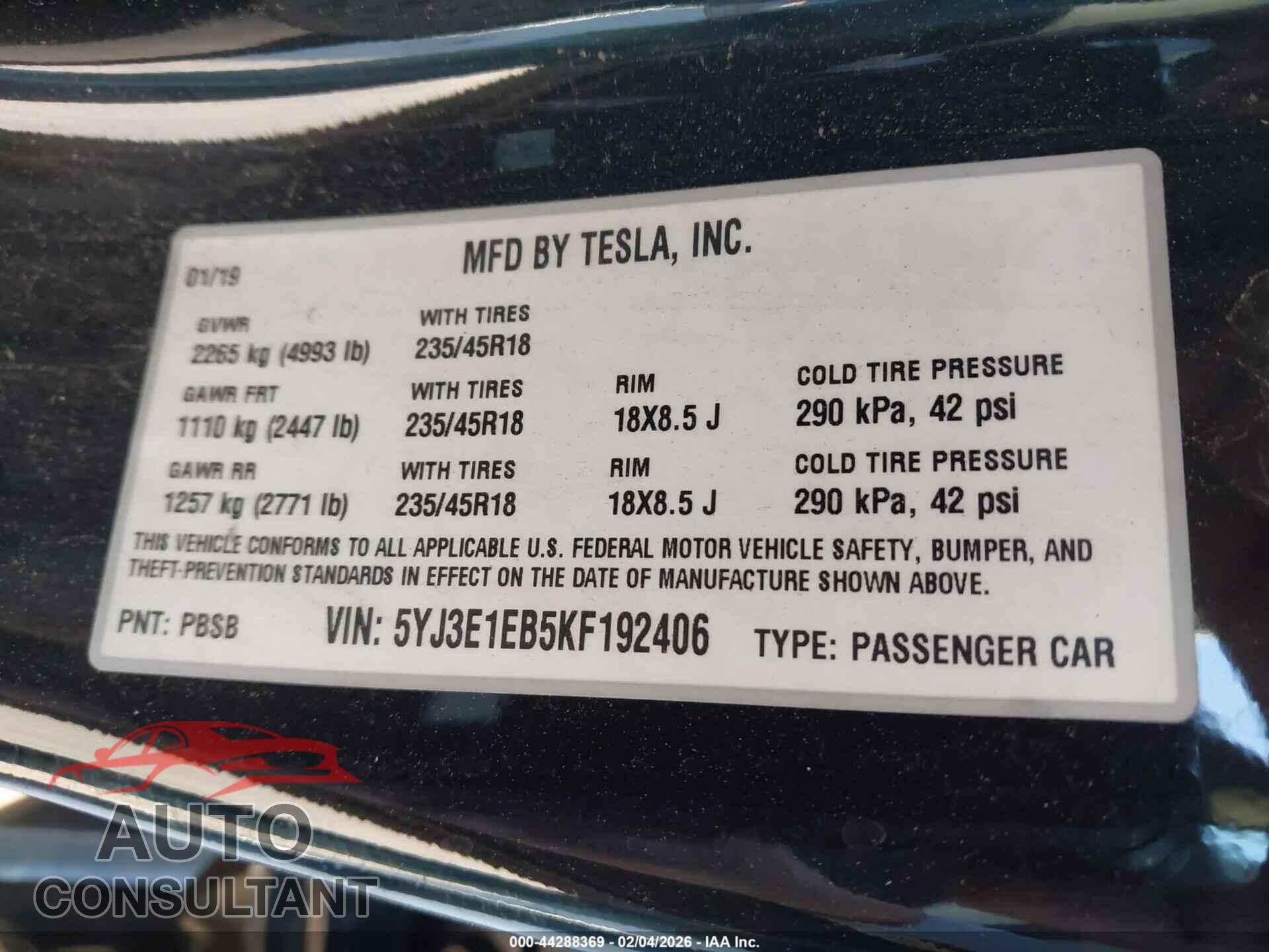 TESLA MODEL 3 2019 - 5YJ3E1EB5KF192406