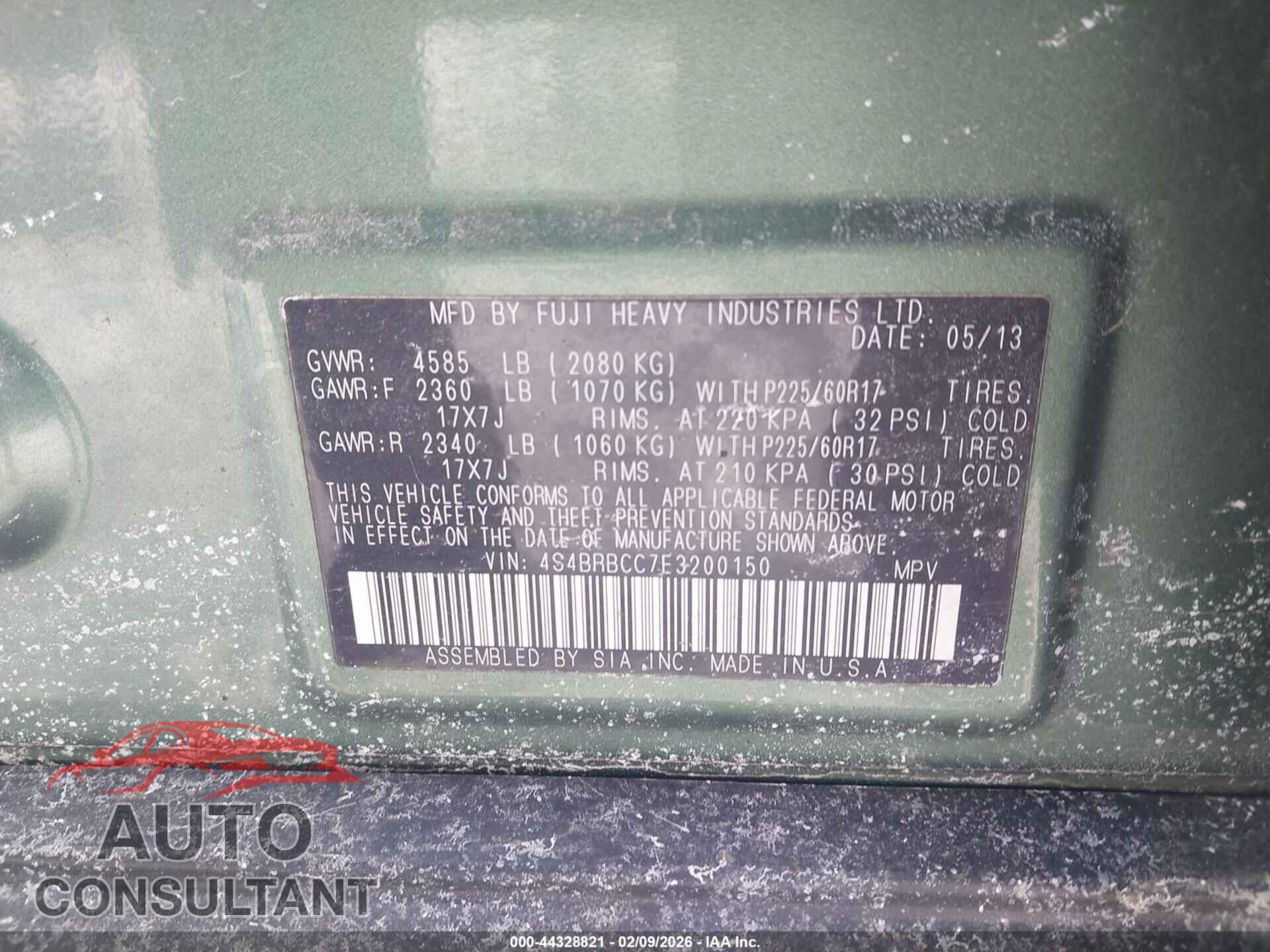SUBARU OUTBACK 2014 - 4S4BRBCC7E3200150