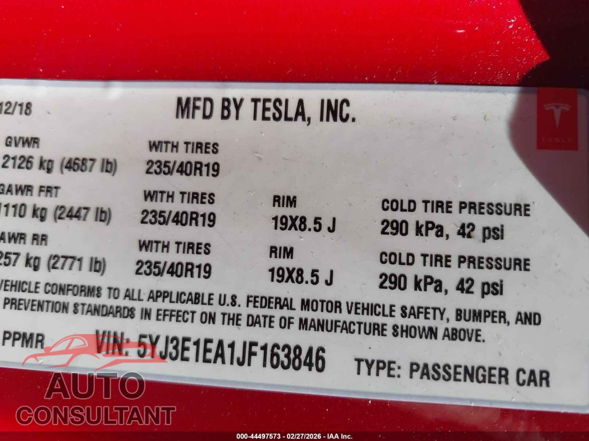 TESLA MODEL 3 2018 - 5YJ3E1EA1JF163846