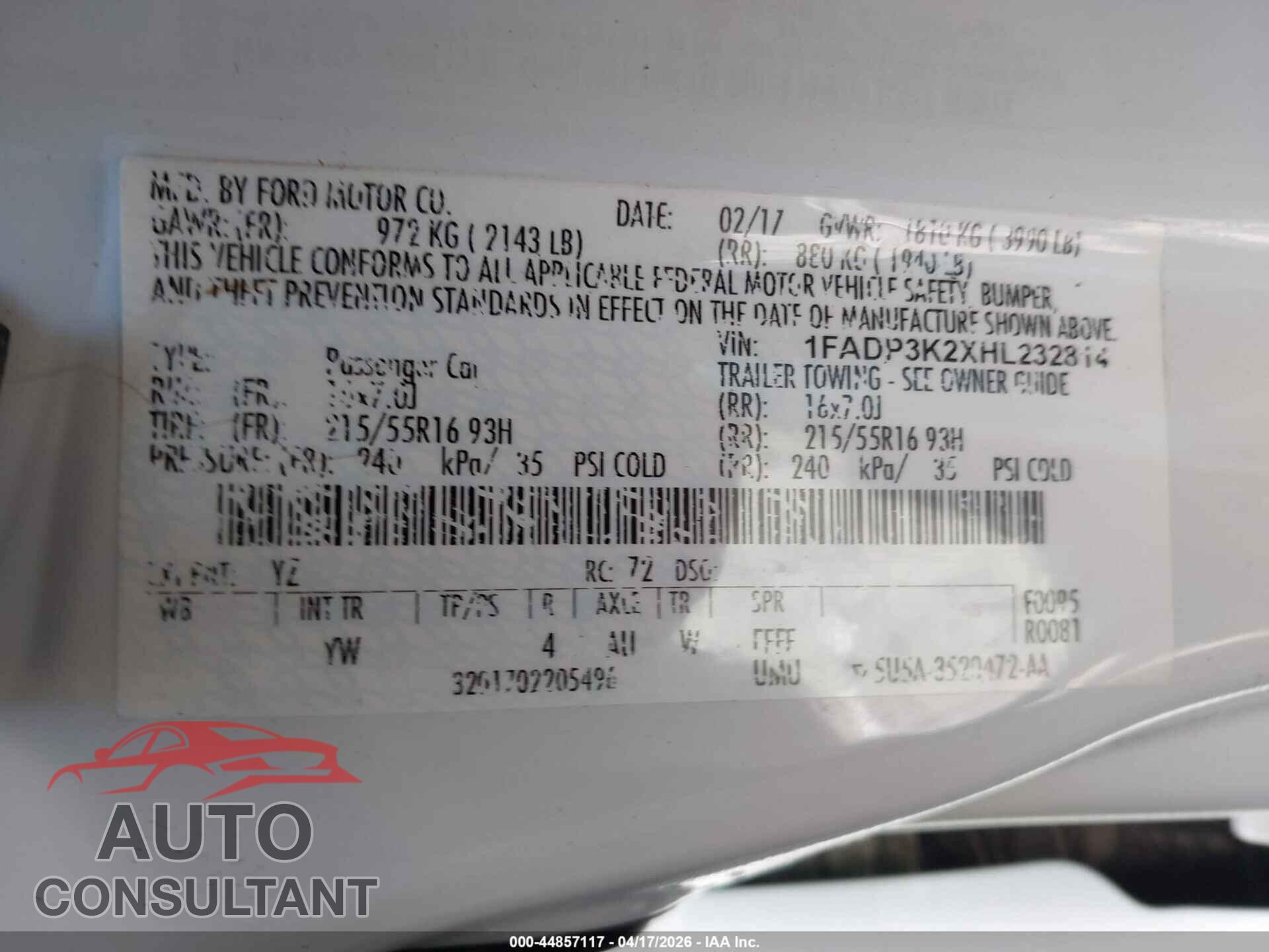 FORD FOCUS 2017 - 1FADP3K2XHL232814