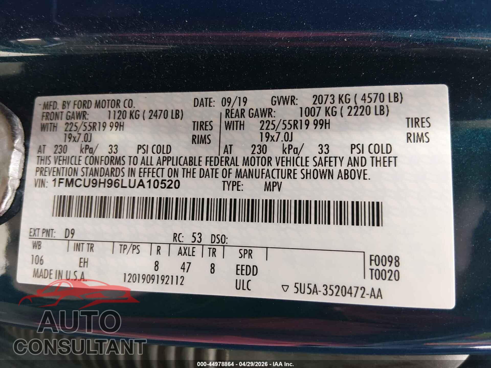 FORD ESCAPE 2020 - 1FMCU9H96LUA10520