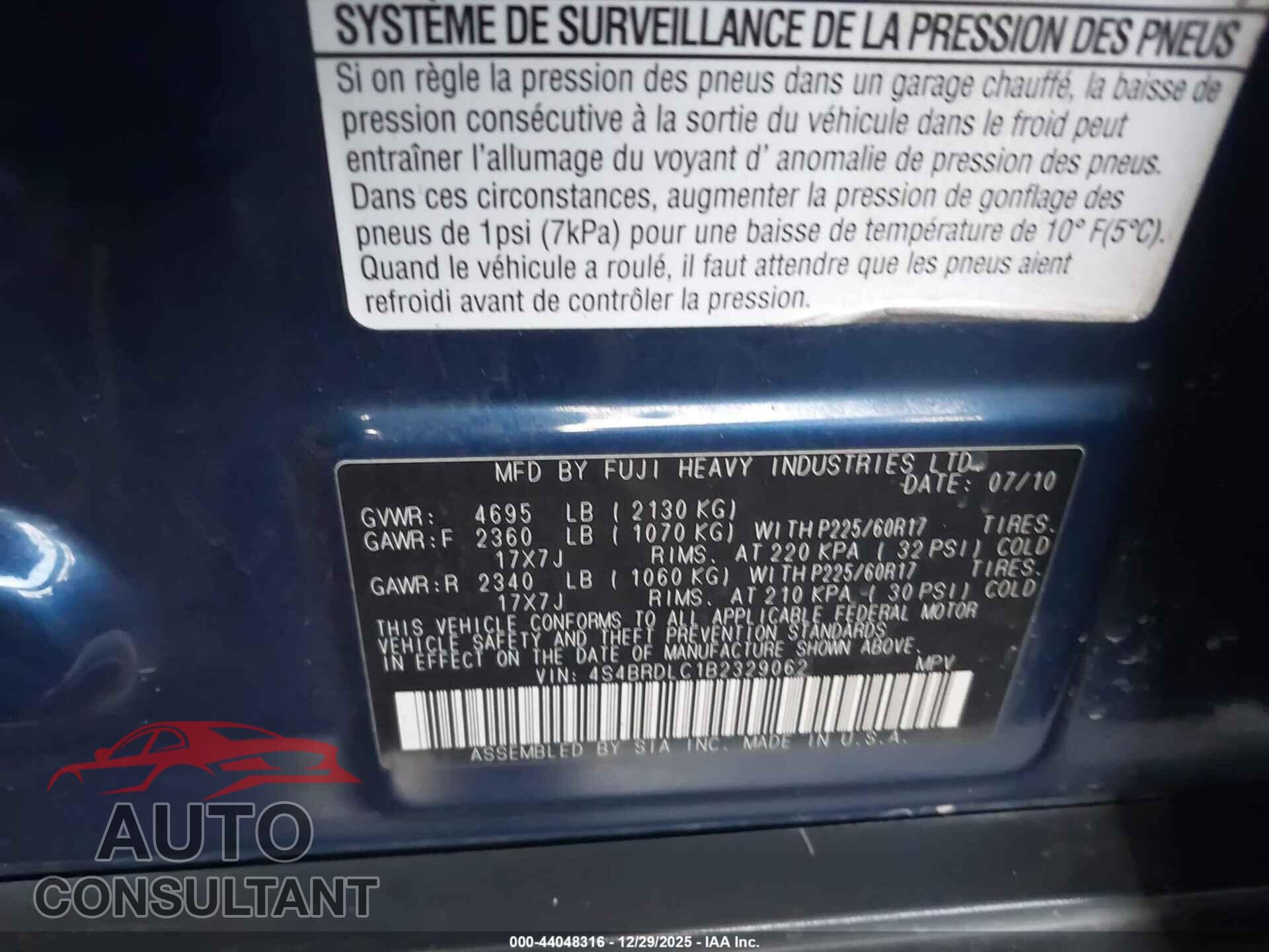 SUBARU OUTBACK 2011 - 4S4BRDLC1B2329062