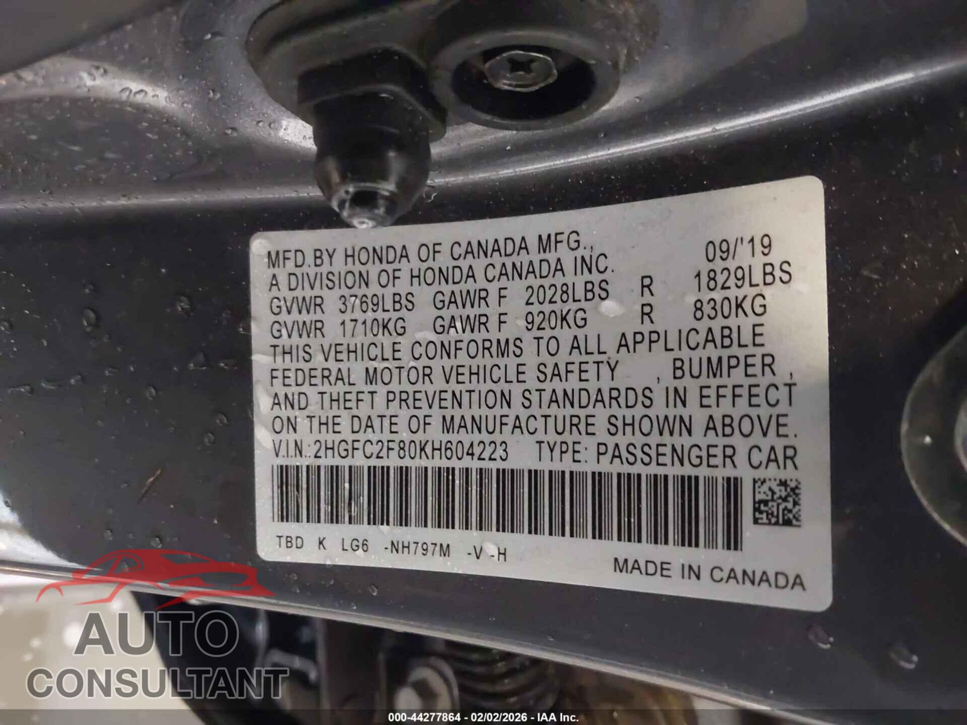 HONDA CIVIC 2019 - 2HGFC2F80KH604223