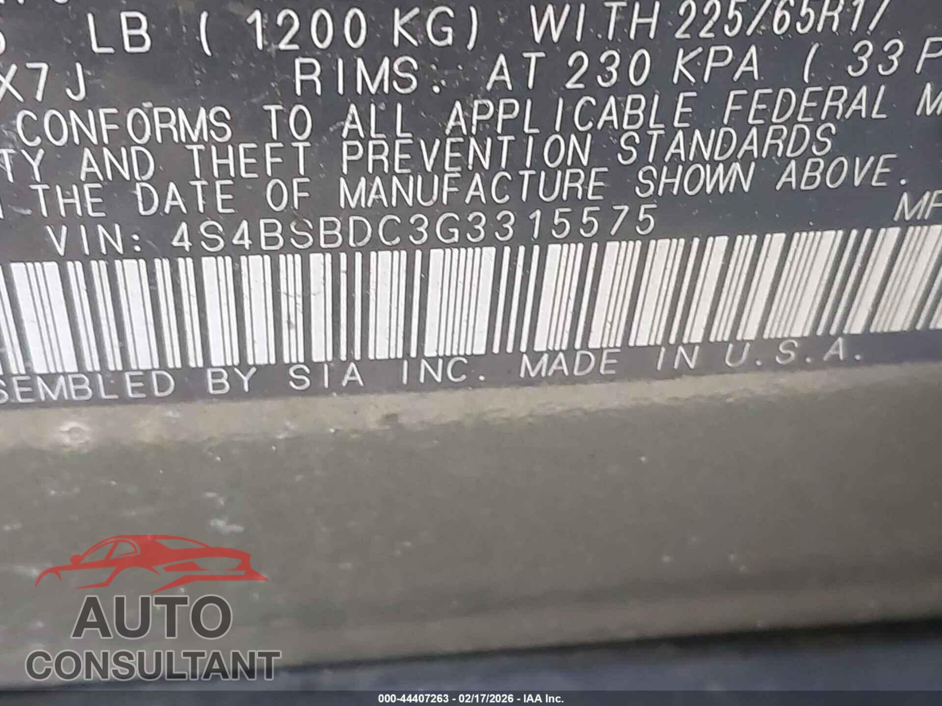 SUBARU OUTBACK 2016 - 4S4BSBDC3G3315575
