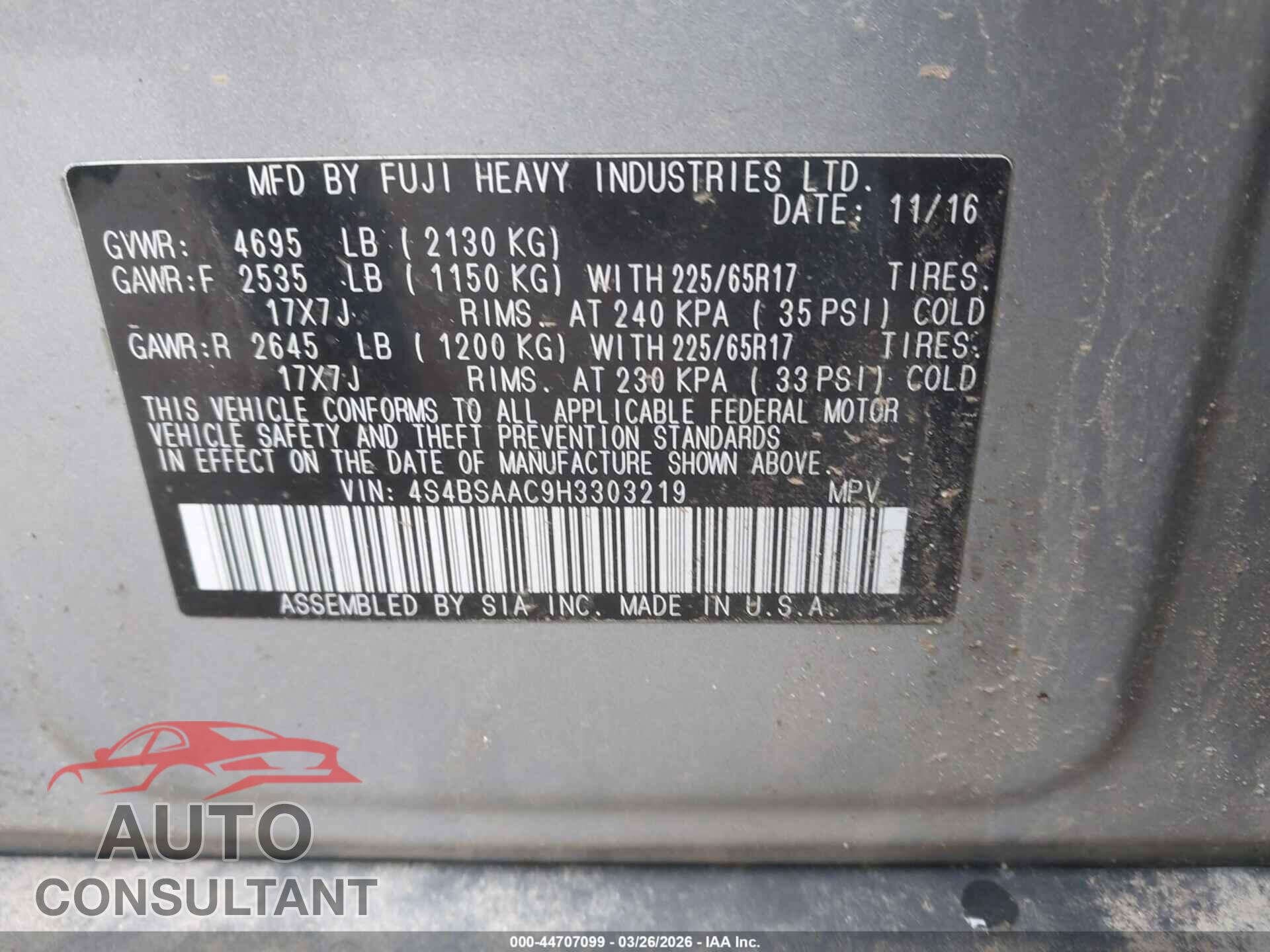 SUBARU OUTBACK 2017 - 4S4BSAAC9H3303219