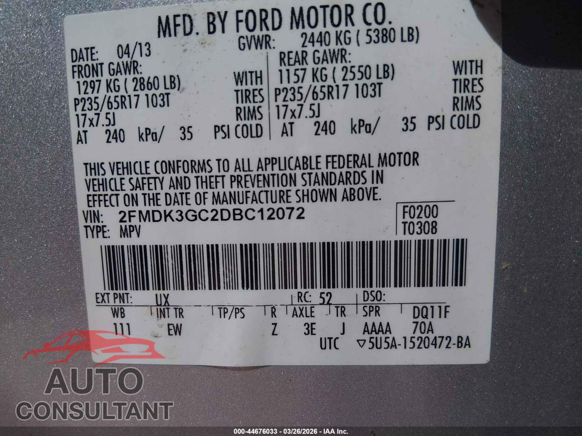 FORD EDGE 2013 - 2FMDK3GC2DBC12072