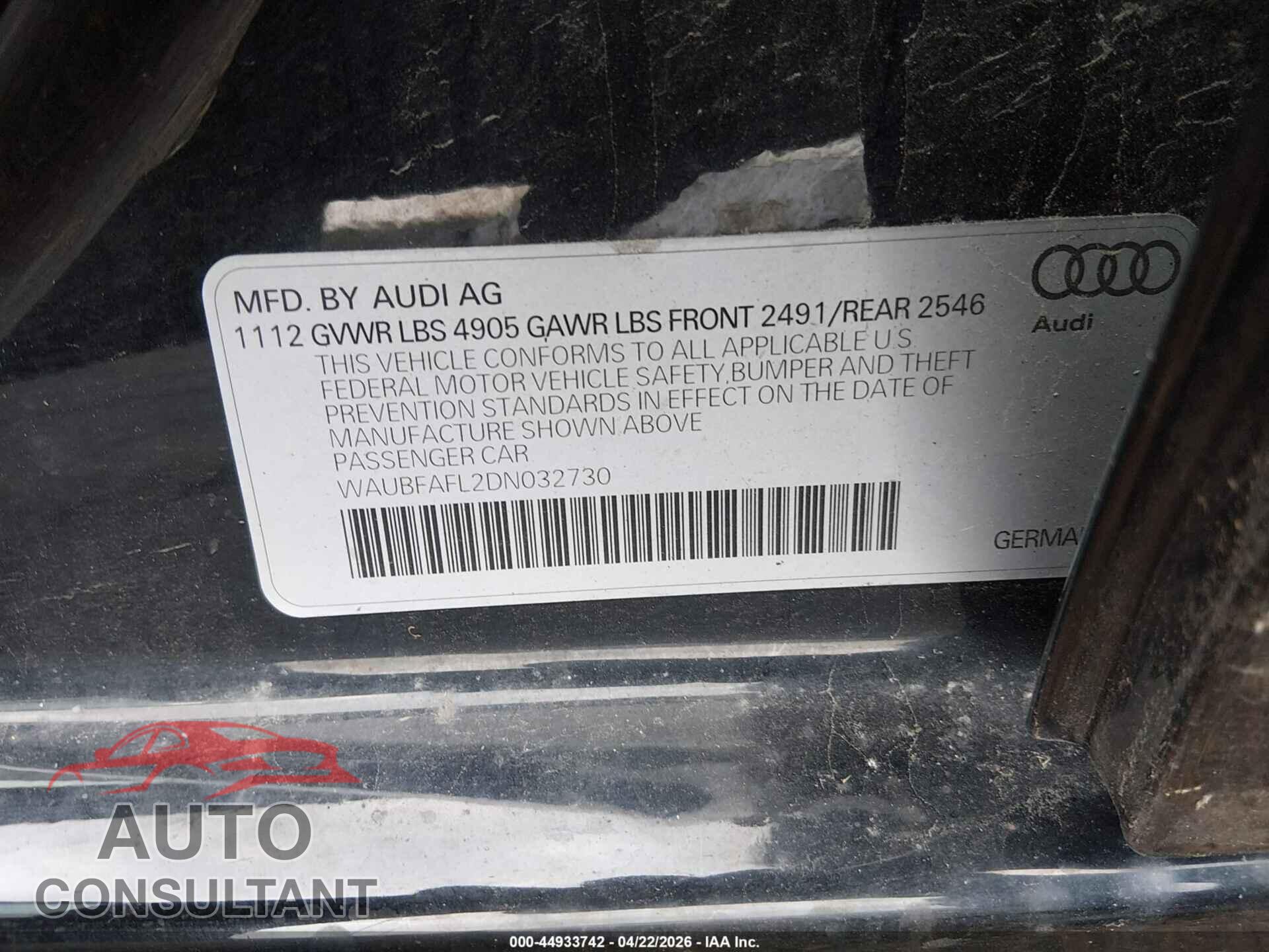 AUDI A4 2013 - WAUBFAFL2DN032730