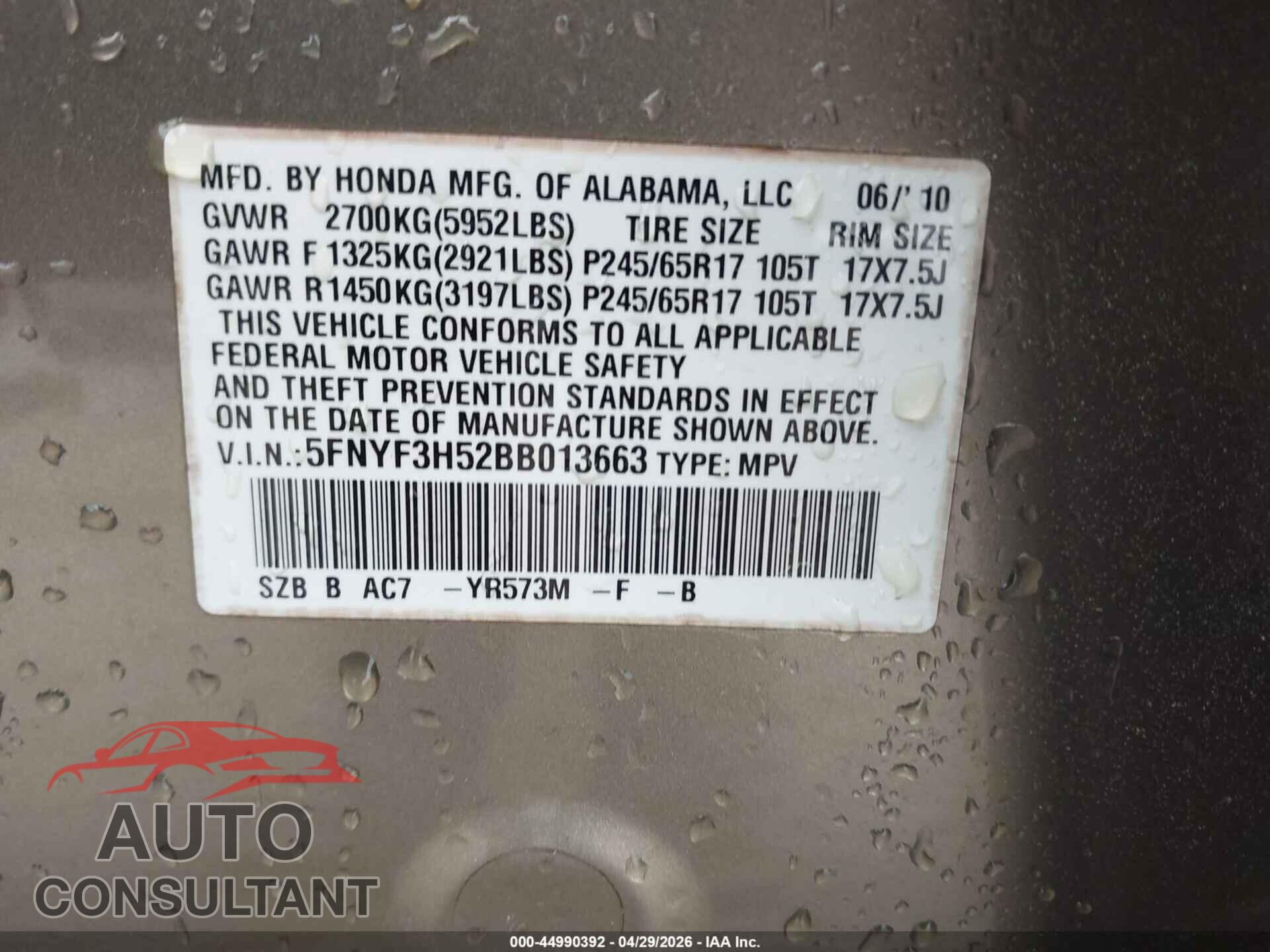 HONDA PILOT 2011 - 5FNYF3H52BB013663
