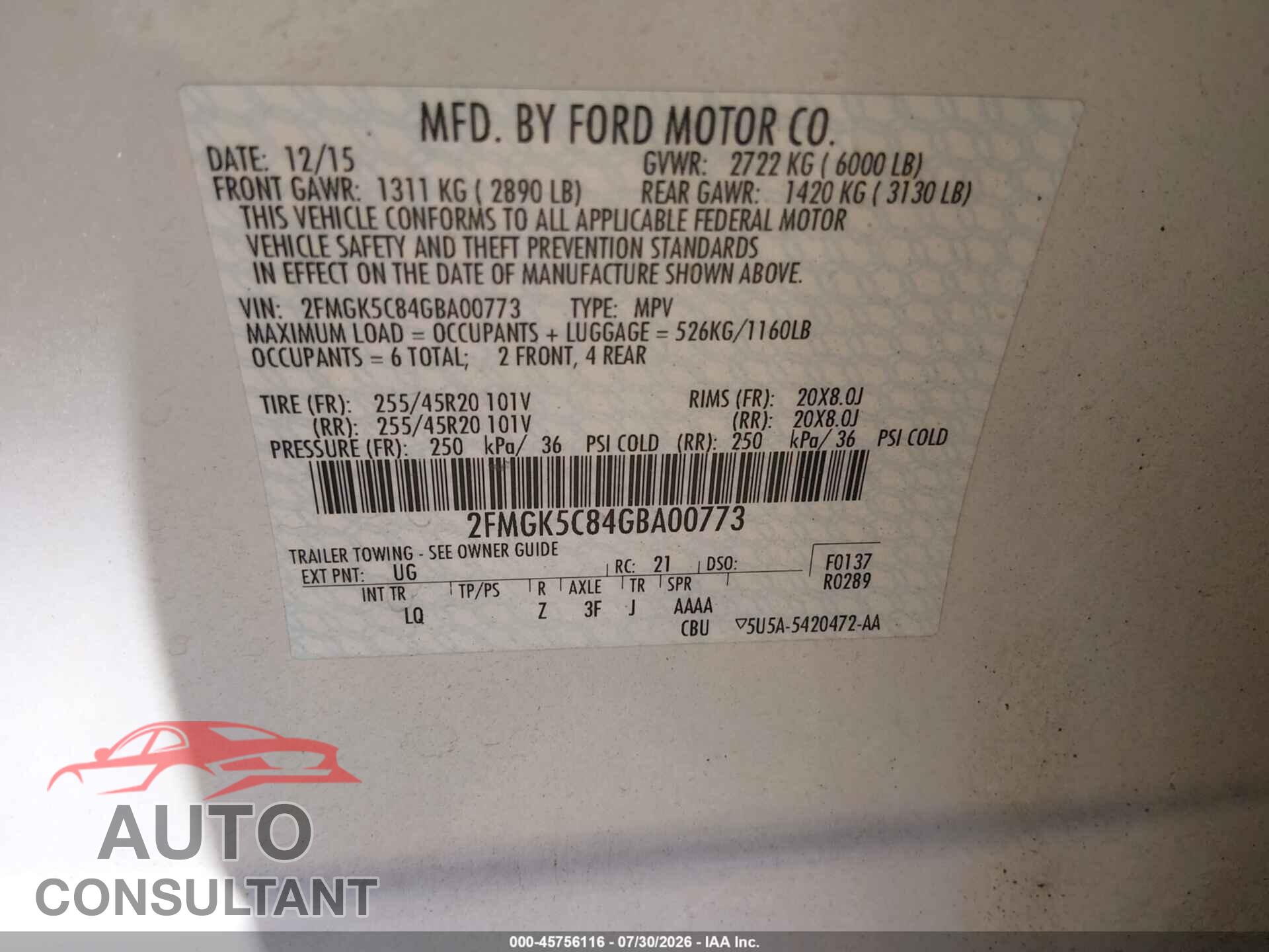 FORD FLEX 2016 - 2FMGK5C84GBA00773