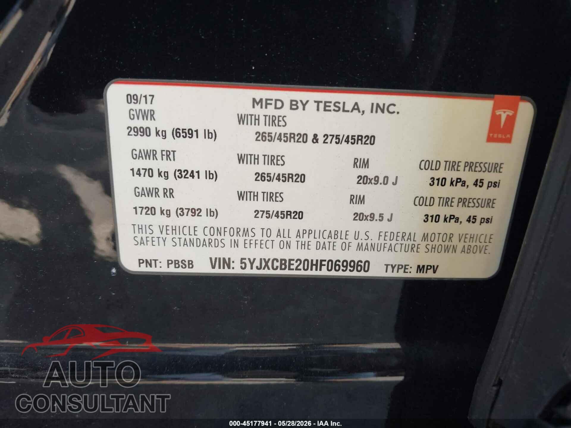 TESLA MODEL X 2017 - 5YJXCBE20HF069960