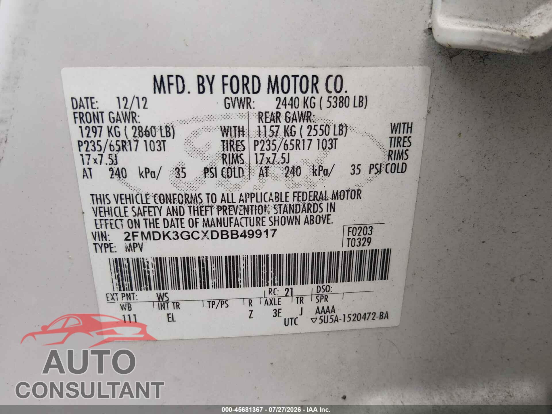 FORD EDGE 2013 - 2FMDK3GCXDBB49917