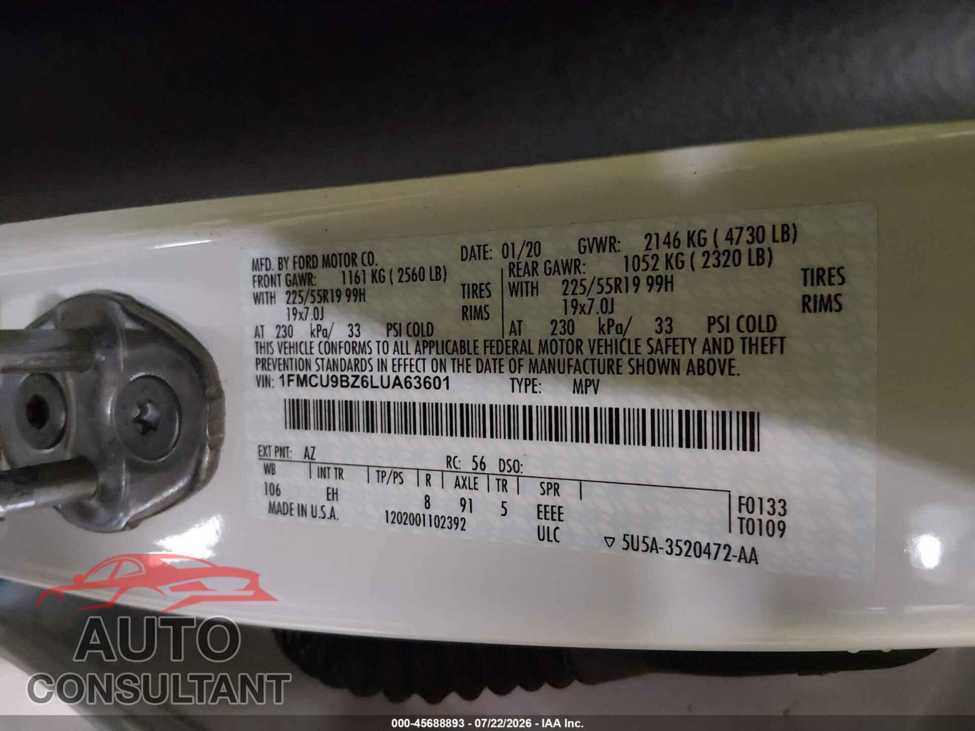 FORD ESCAPE 2020 - 1FMCU9BZ6LUA63601
