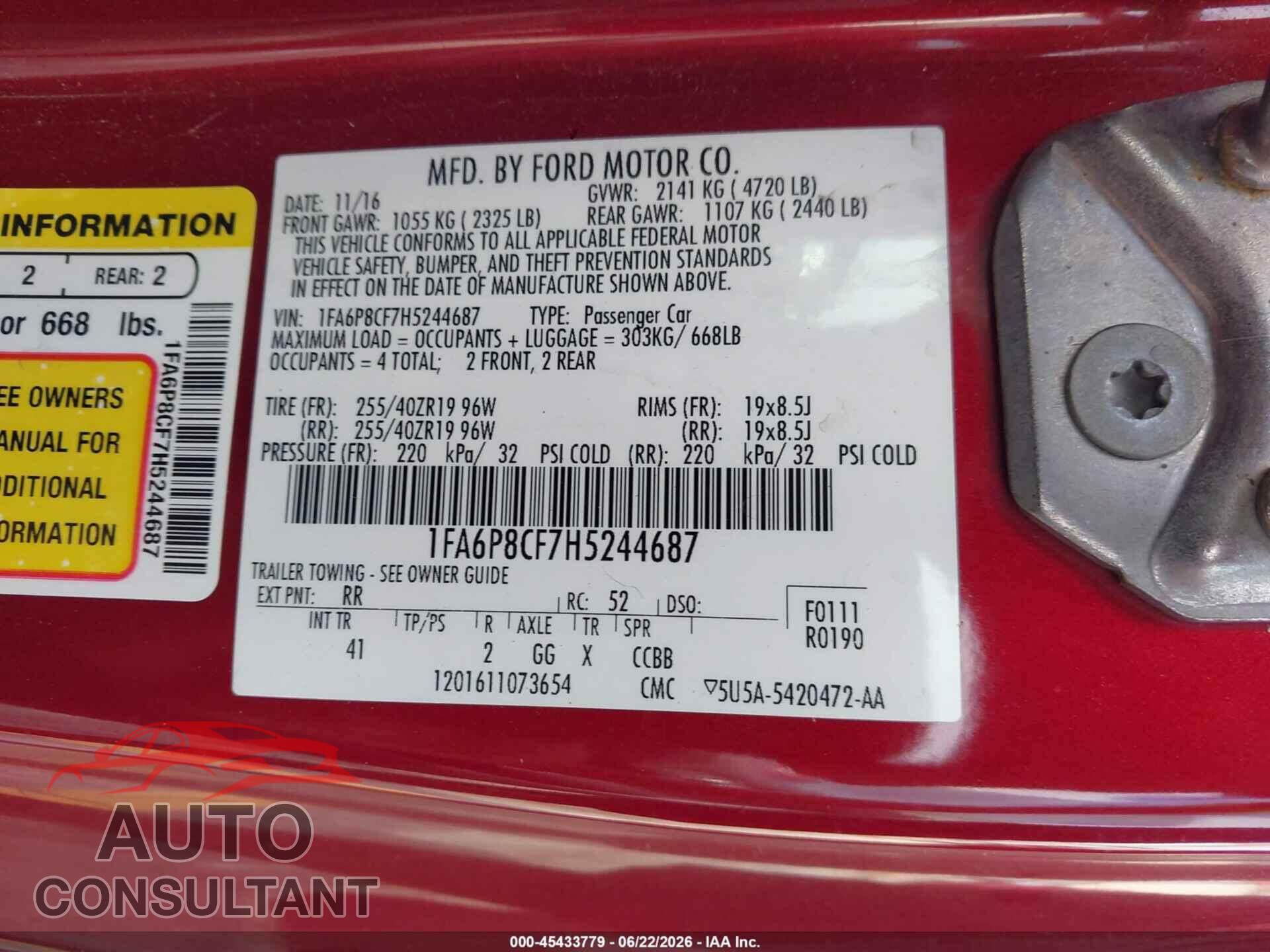 FORD MUSTANG 2017 - 1FA6P8CF7H5244687