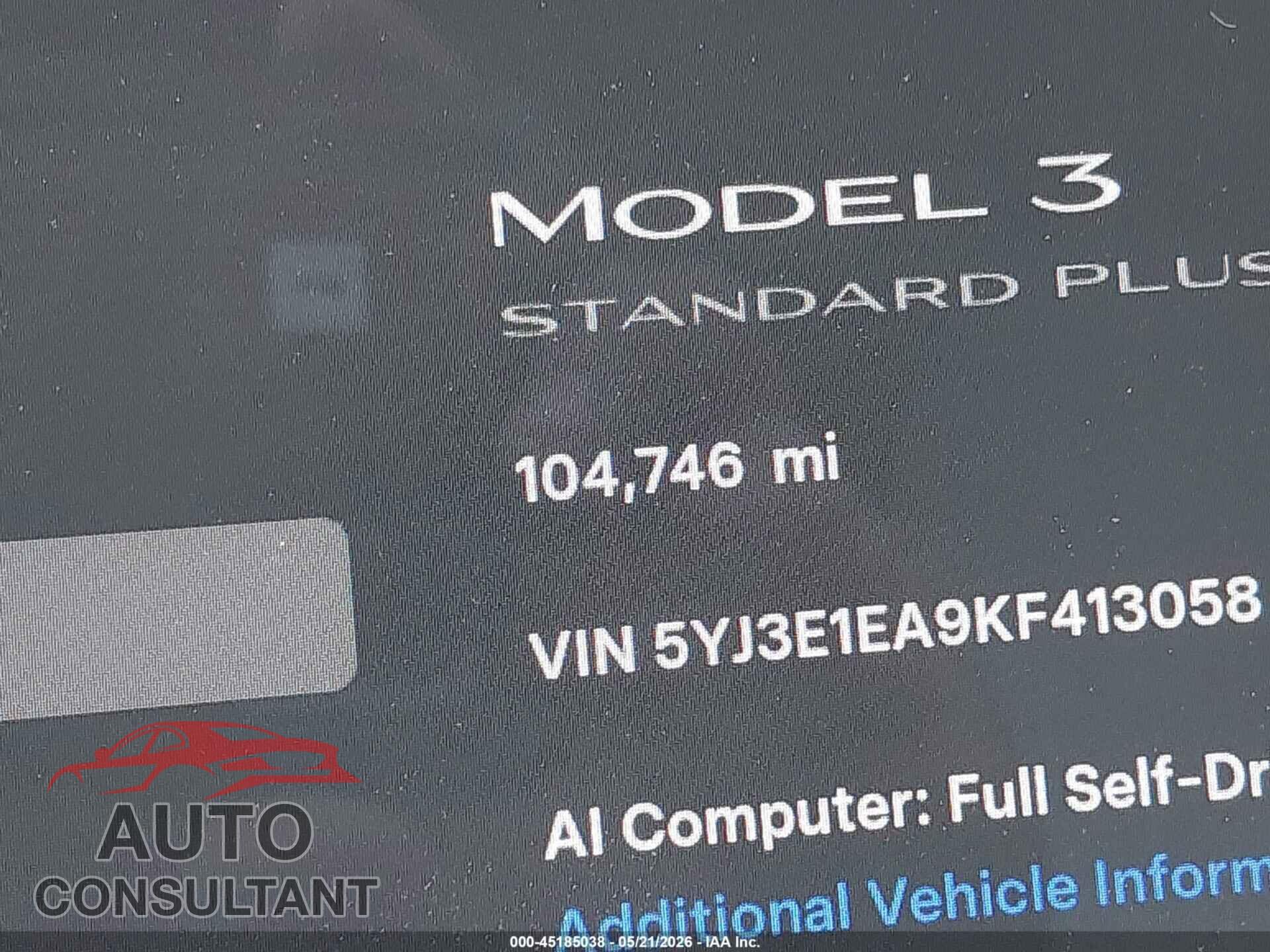 TESLA MODEL 3 2019 - 5YJ3E1EA9KF413058
