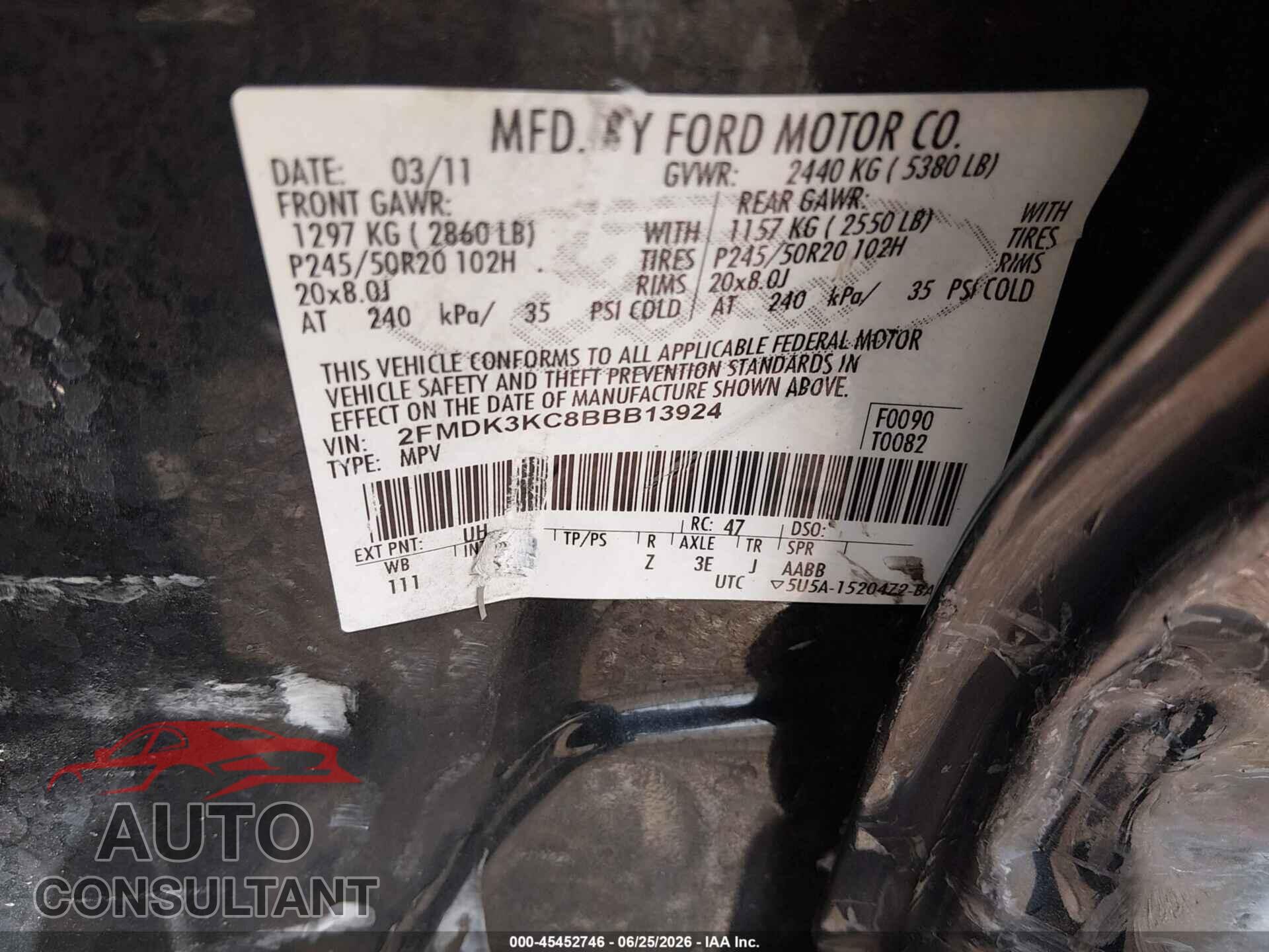 FORD EDGE 2011 - 2FMDK3KC8BBB13924