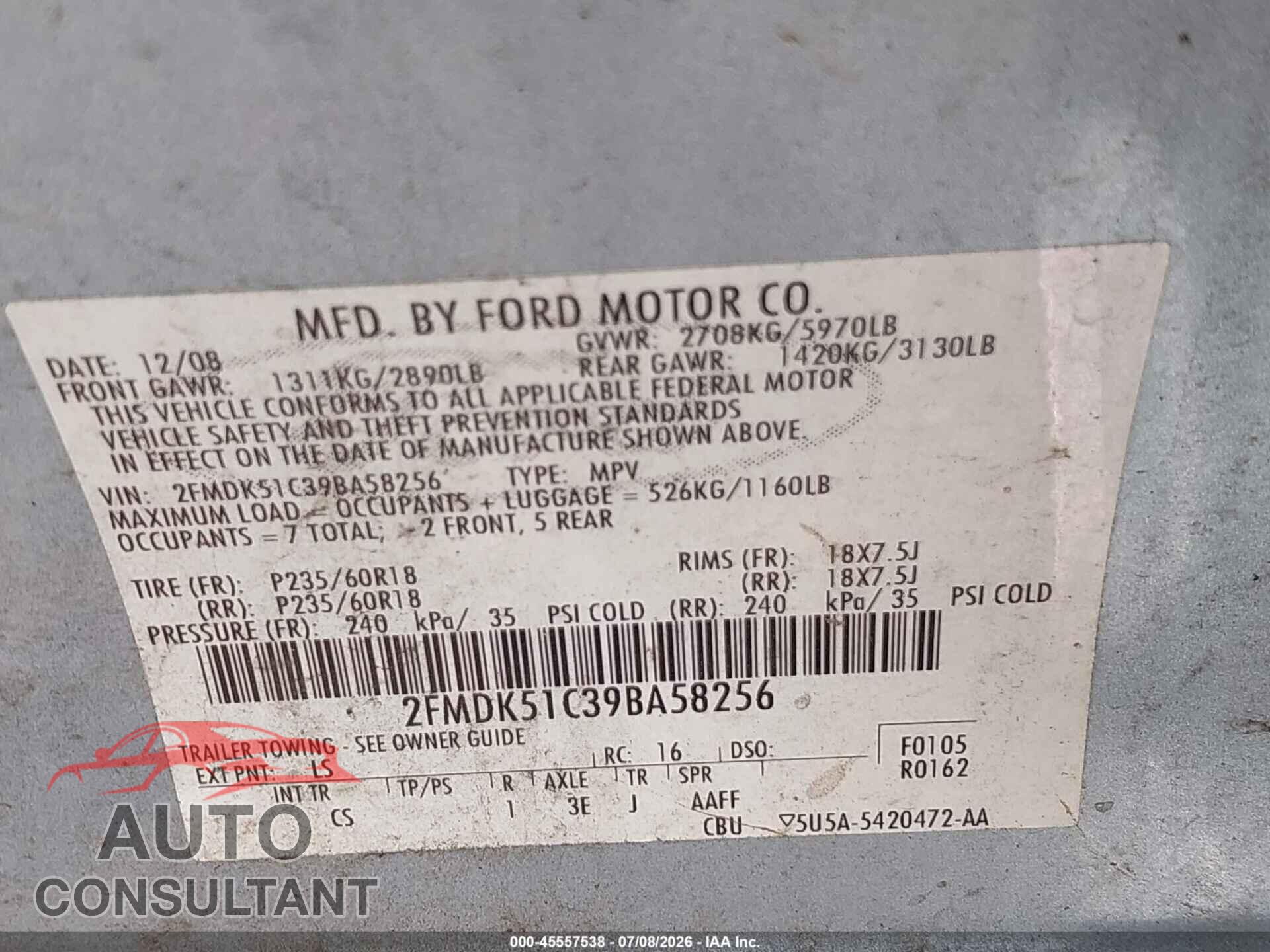 FORD FLEX 2009 - 2FMDK51C39BA58256