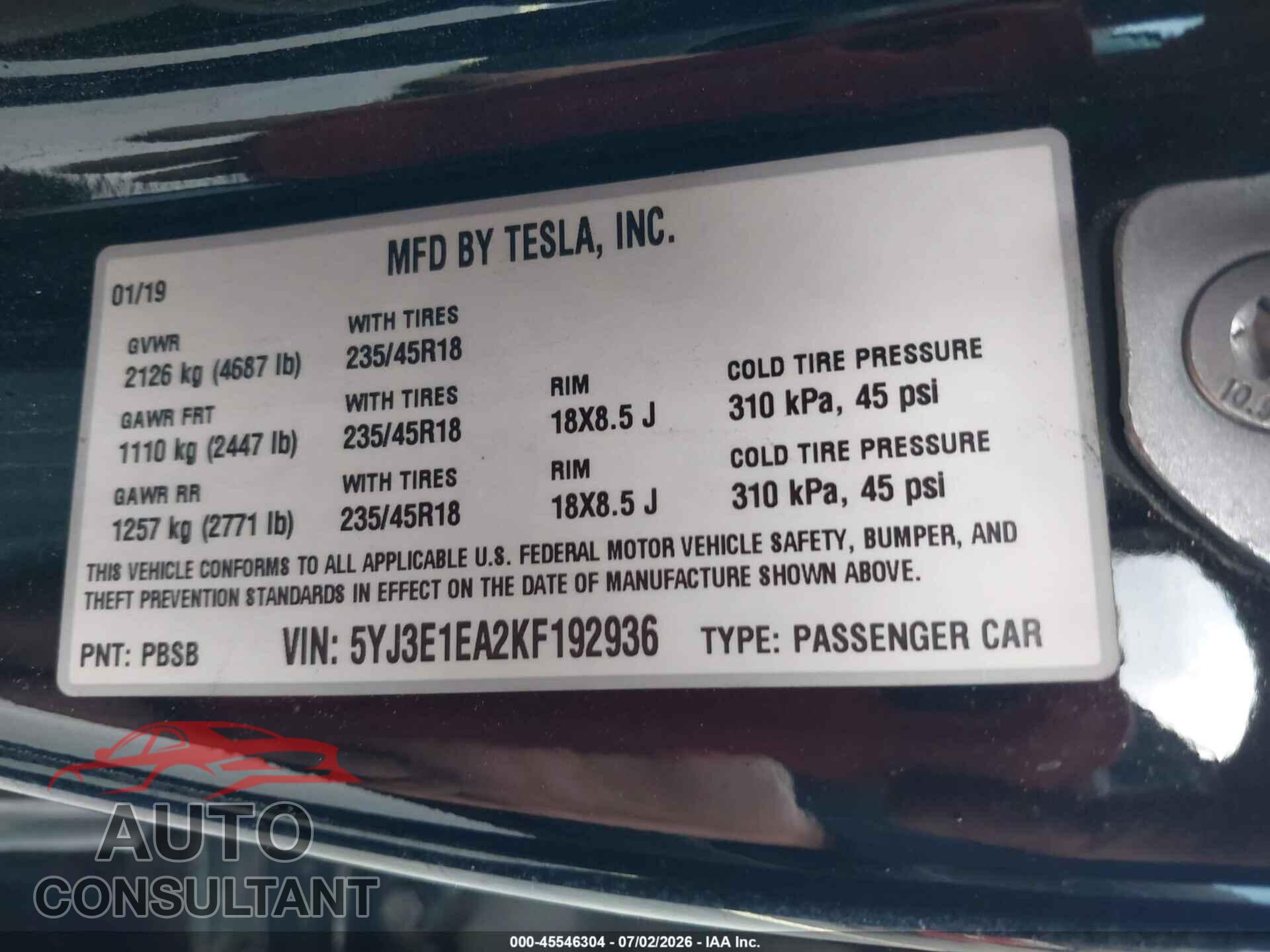 TESLA MODEL 3 2019 - 5YJ3E1EA2KF192936