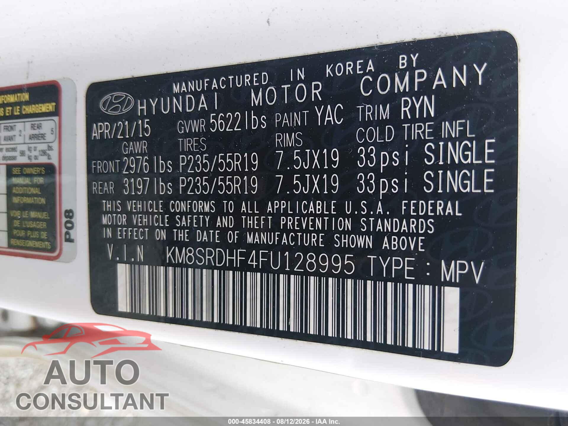 HYUNDAI SANTA FE 2015 - KM8SRDHF4FU128995