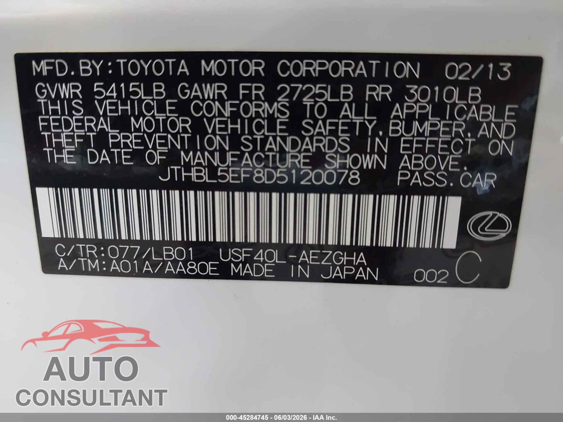LEXUS LS 460 2013 - JTHBL5EF8D5120078