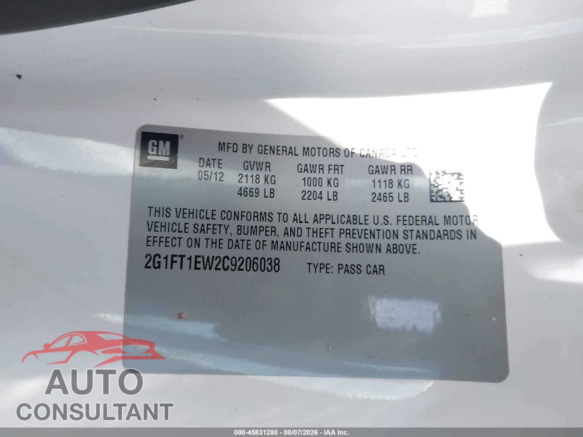 CHEVROLET CAMARO 2012 - 2G1FT1EW2C9206038
