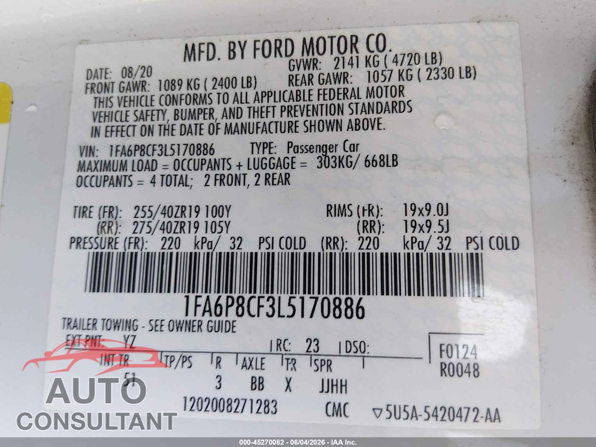 FORD MUSTANG 2020 - 1FA6P8CF3L5170886