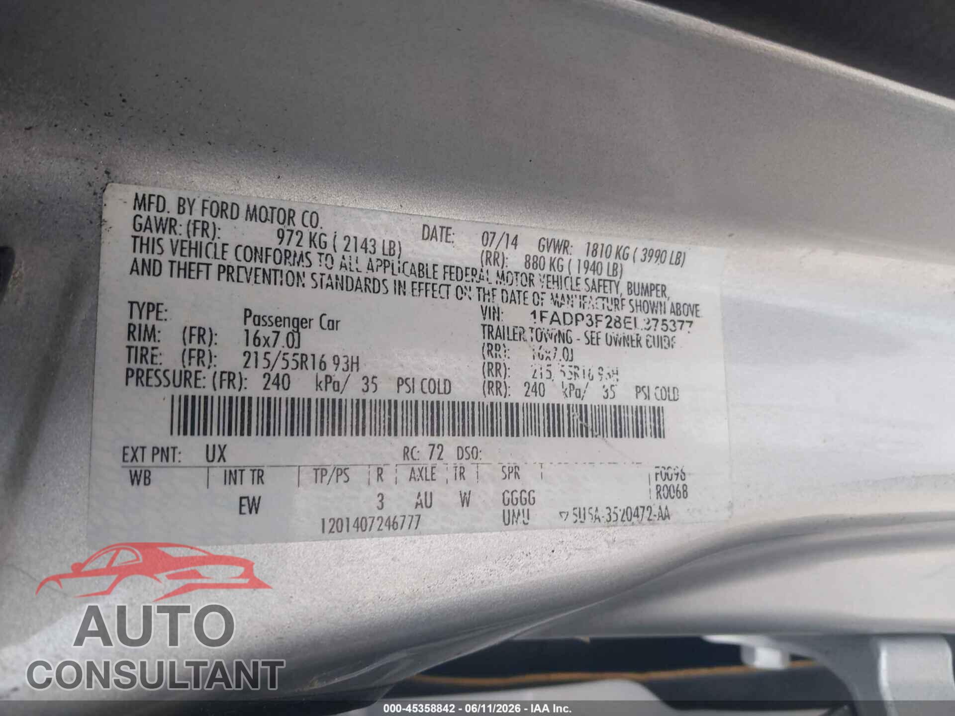 FORD FOCUS 2014 - 1FADP3F28EL375377