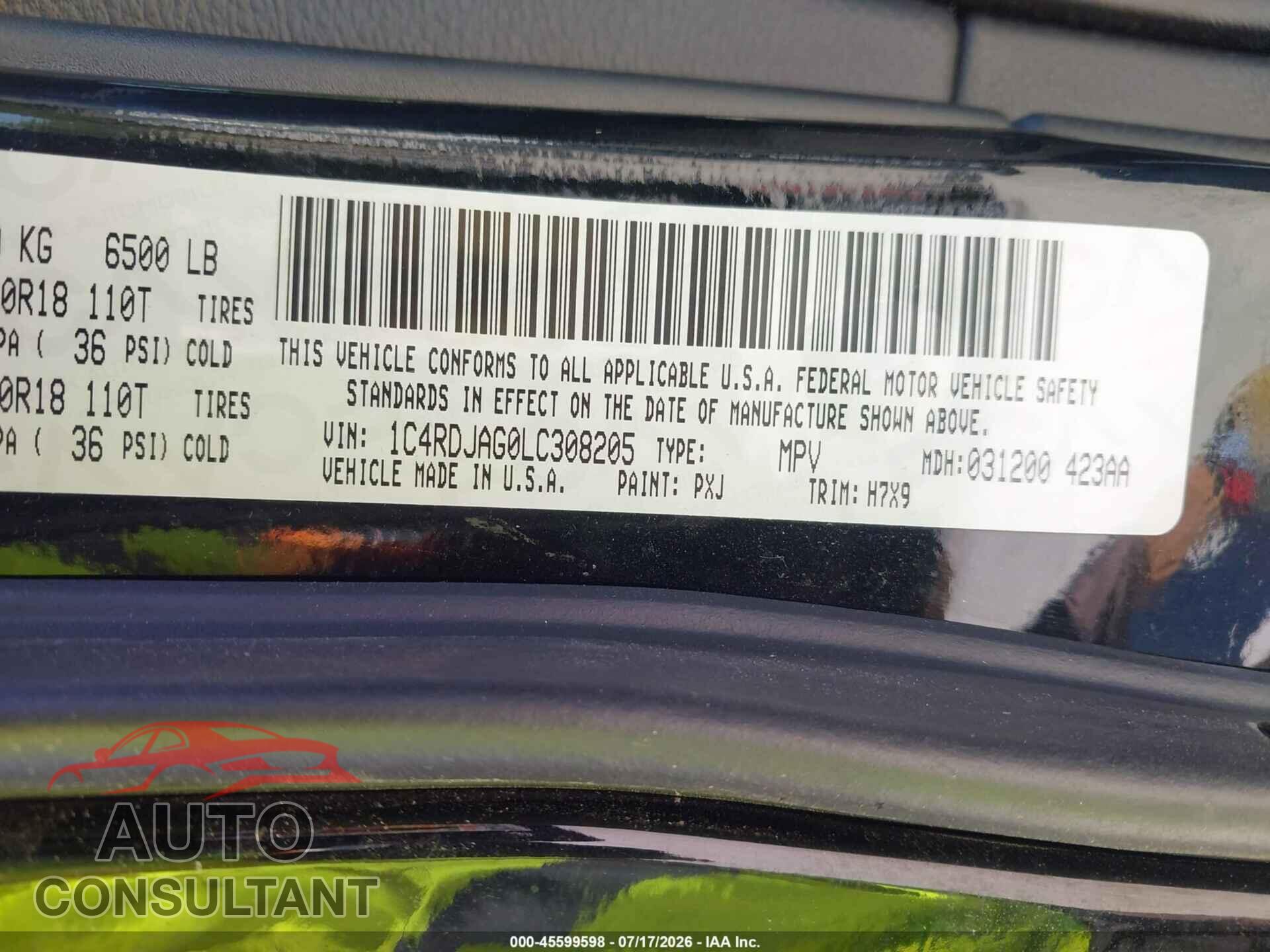 DODGE DURANGO 2020 - 1C4RDJAG0LC308205