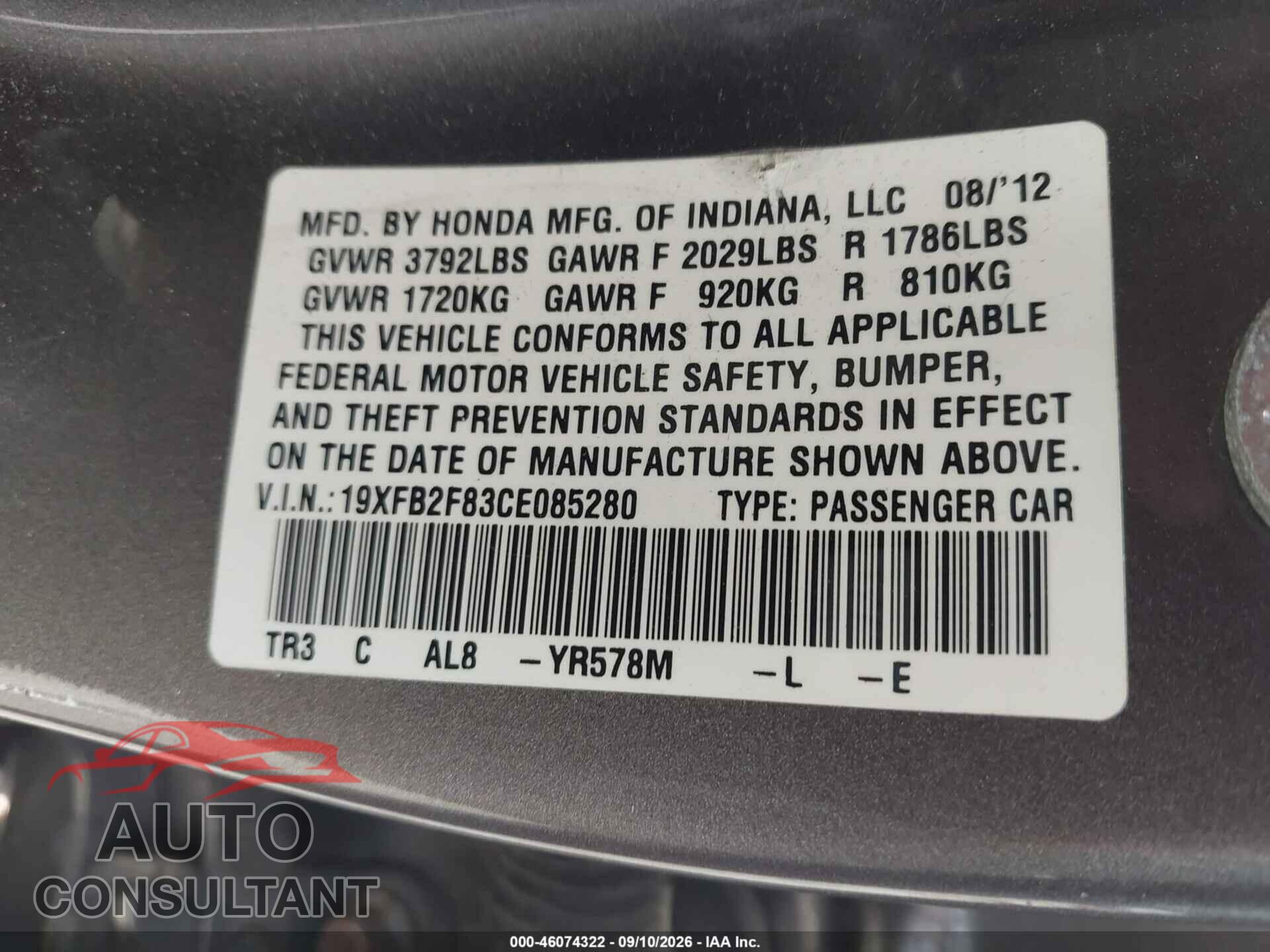 HONDA CIVIC 2012 - 19XFB2F83CE085280