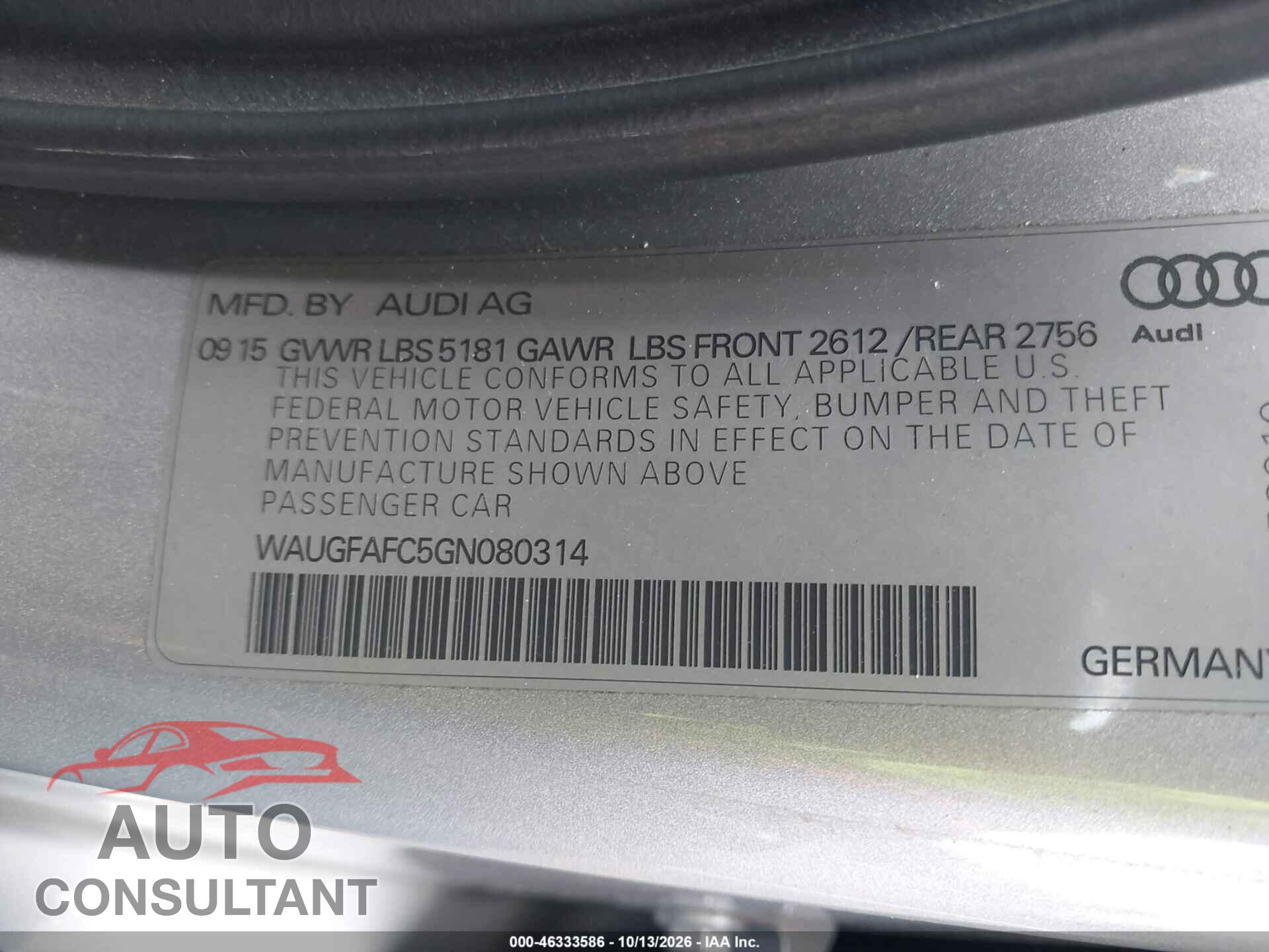 AUDI A6 2016 - WAUGFAFC5GN080314