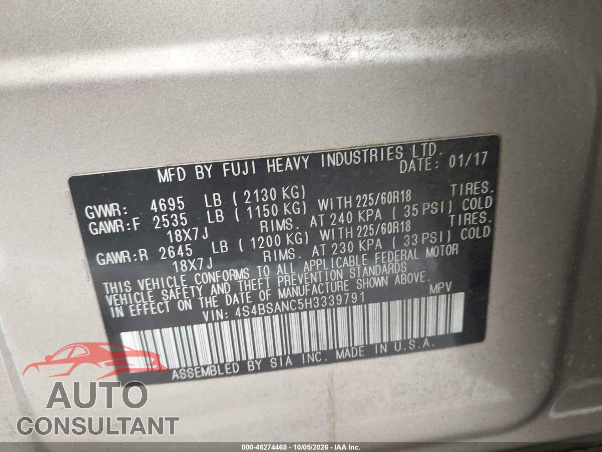 SUBARU OUTBACK 2017 - 4S4BSANC5H3339791