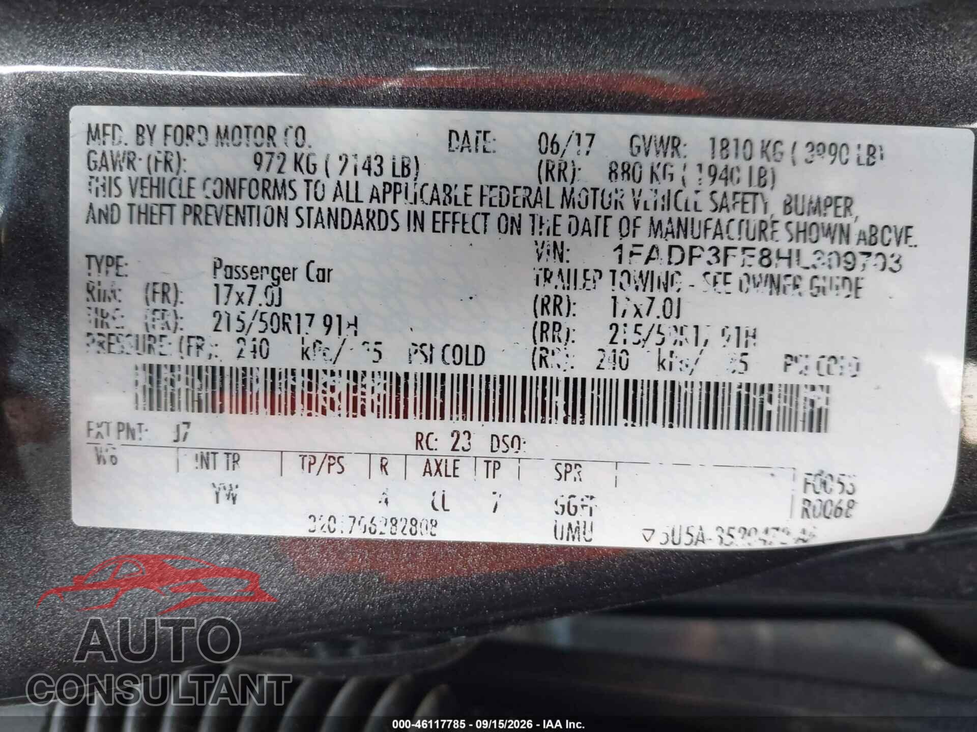 FORD FOCUS 2017 - 1FADP3FE8HL309703