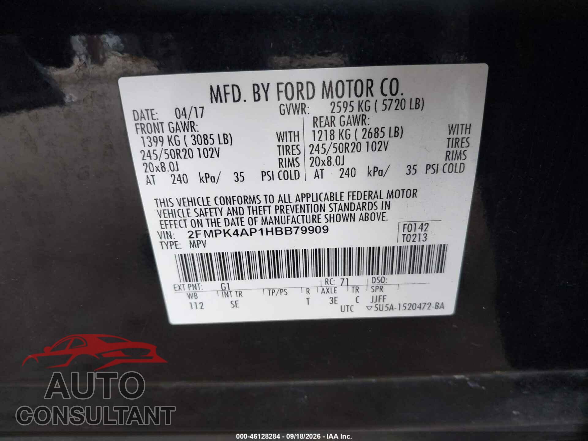 FORD EDGE 2017 - 2FMPK4AP1HBB79909