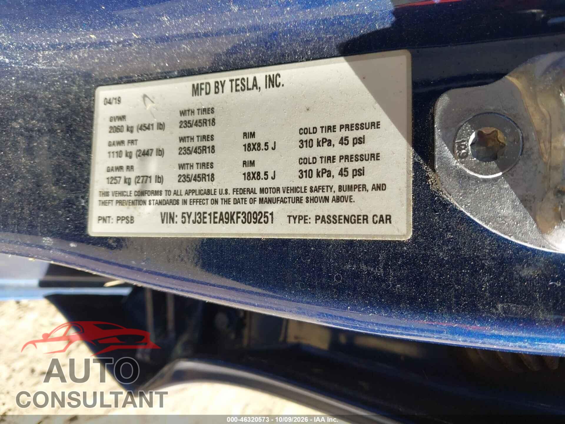 TESLA MODEL 3 2019 - 5YJ3E1EA9KF309251
