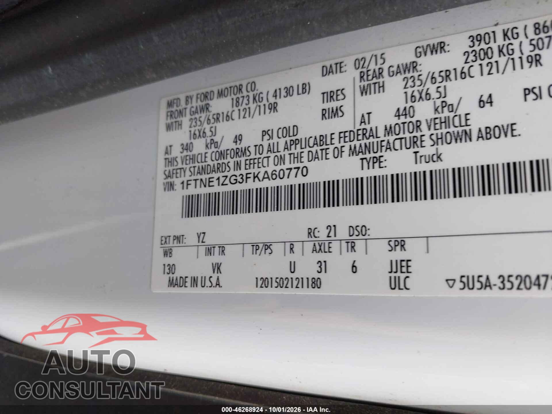 FORD TRANSIT-150 2015 - 1FTNE1ZG3FKA60770