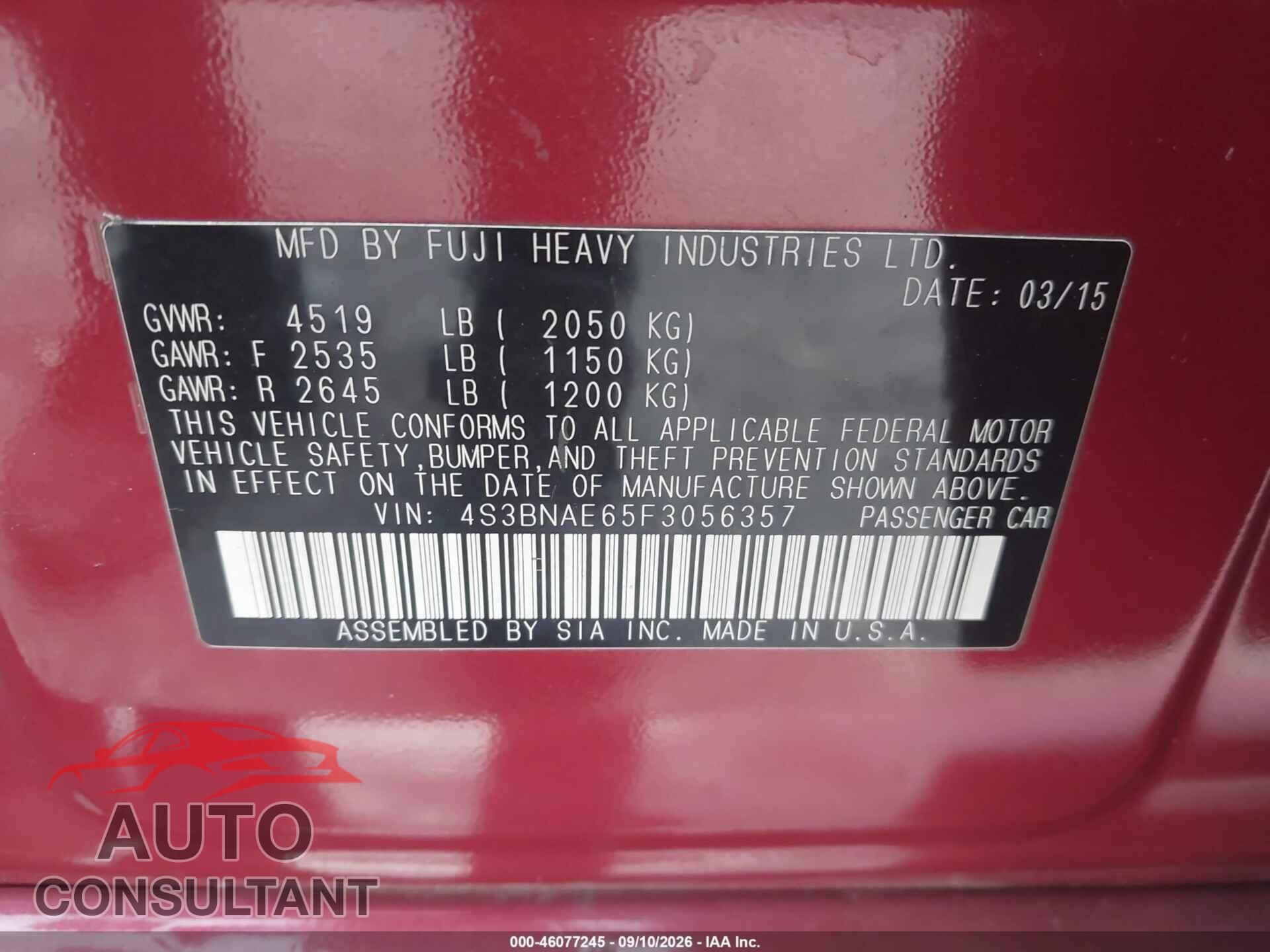 SUBARU LEGACY 2015 - 4S3BNAE65F3056357