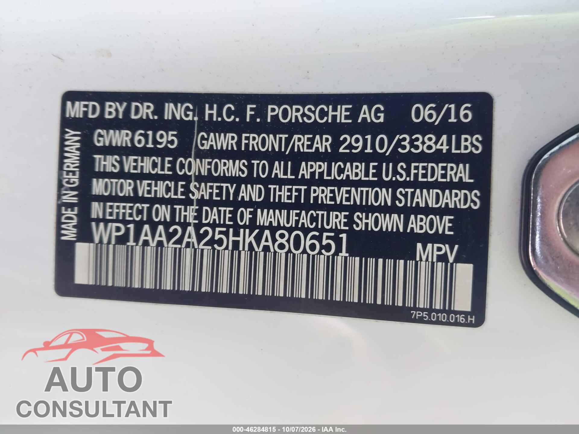 PORSCHE CAYENNE 2017 - WP1AA2A25HKA80651
