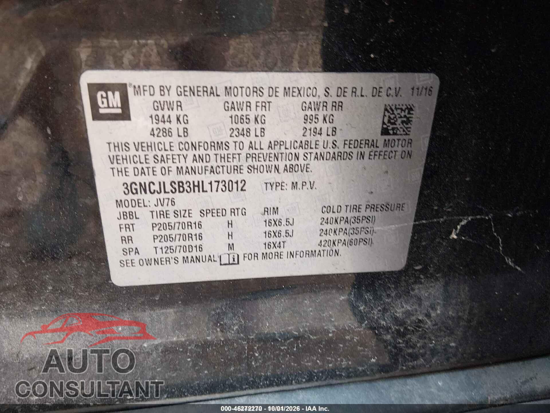 CHEVROLET TRAX 2017 - 3GNCJLSB3HL173012