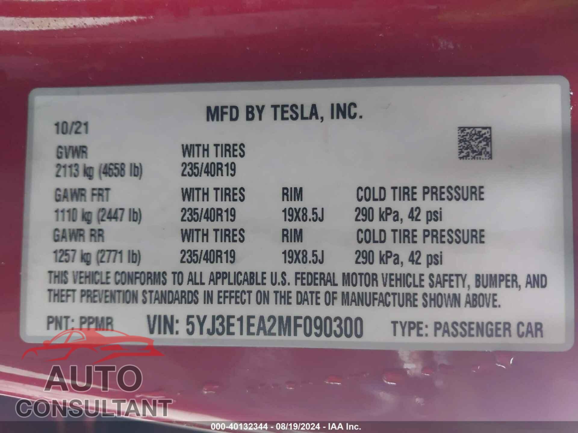 TESLA MODEL 3 2021 - 5YJ3E1EA2MF090300