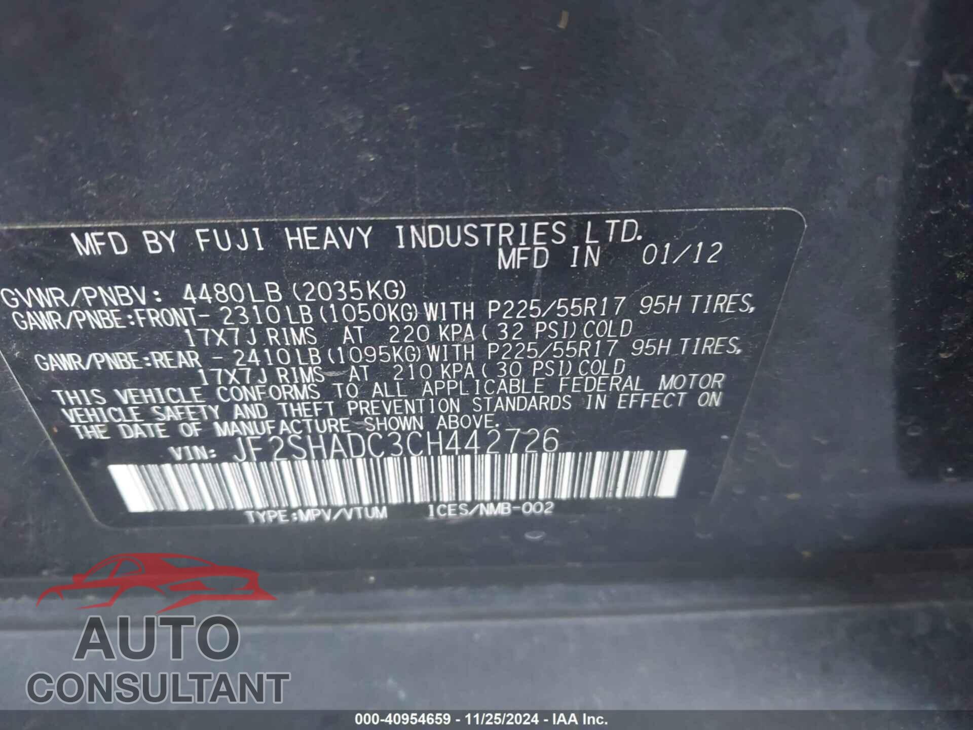 SUBARU FORESTER 2012 - JF2SHADC3CH442726
