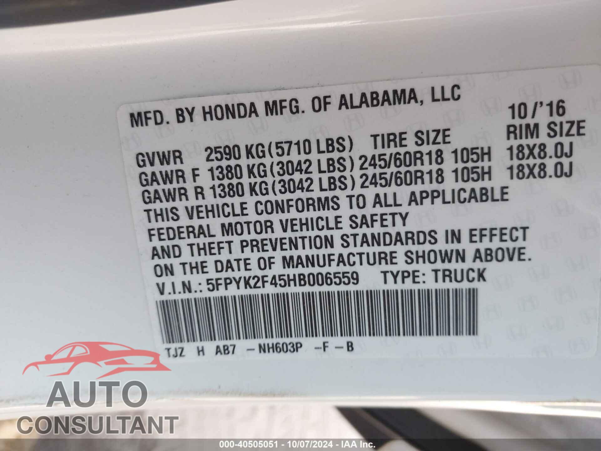 HONDA RIDGELINE 2017 - 5FPYK2F45HB006559